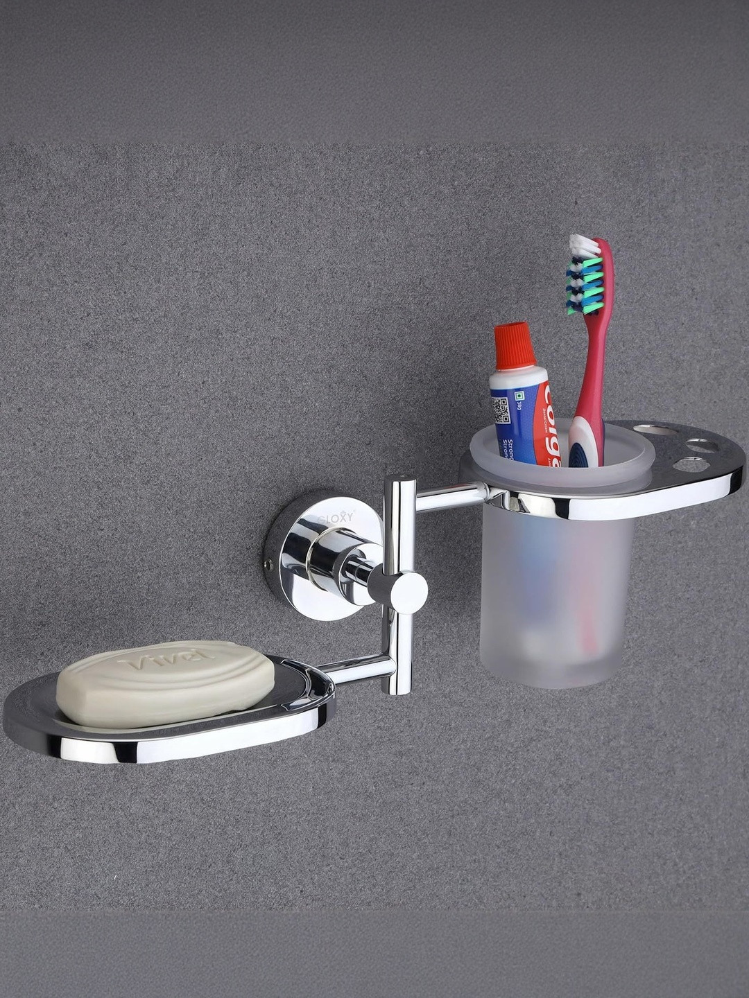 GLOXY Silver-Toned Solid Stainless Steel Soap and Tumbler Holder