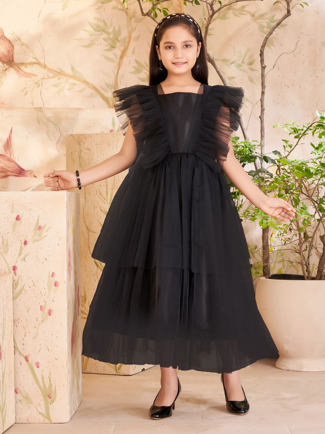 BAESD Girls Layered and Ruffles Square Neck Sleeveless Net Gown Maxi Dress