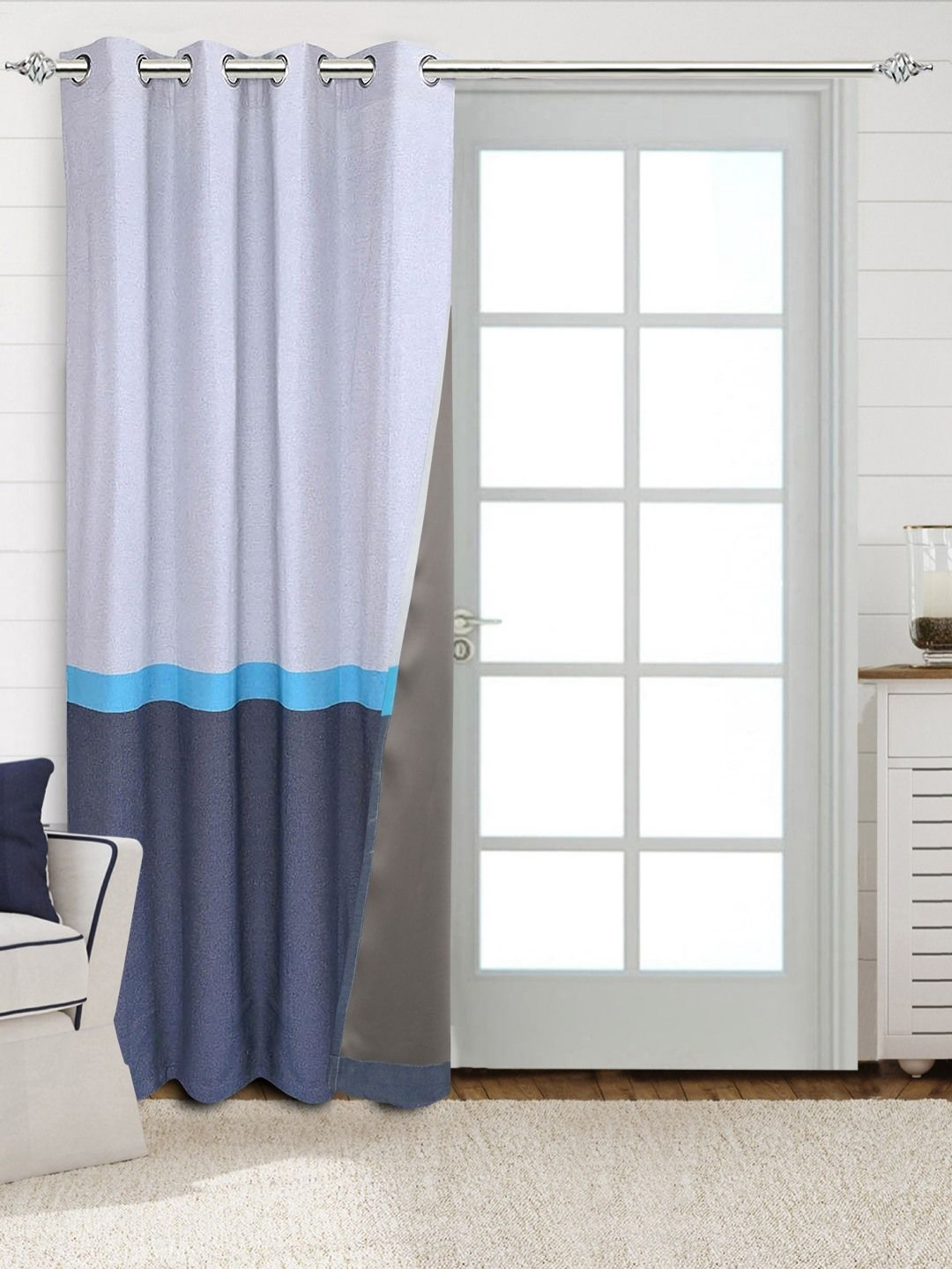 Saral Home Grey & Blue Colourblocked Black Out Long Door Curtain