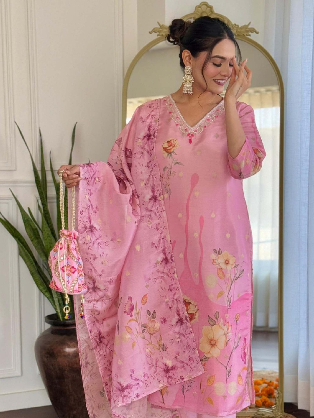 Shri pradha Floral Printed V-Neck Thread Work Chanderi Cotton Kurta With Palazzo & Dupatta