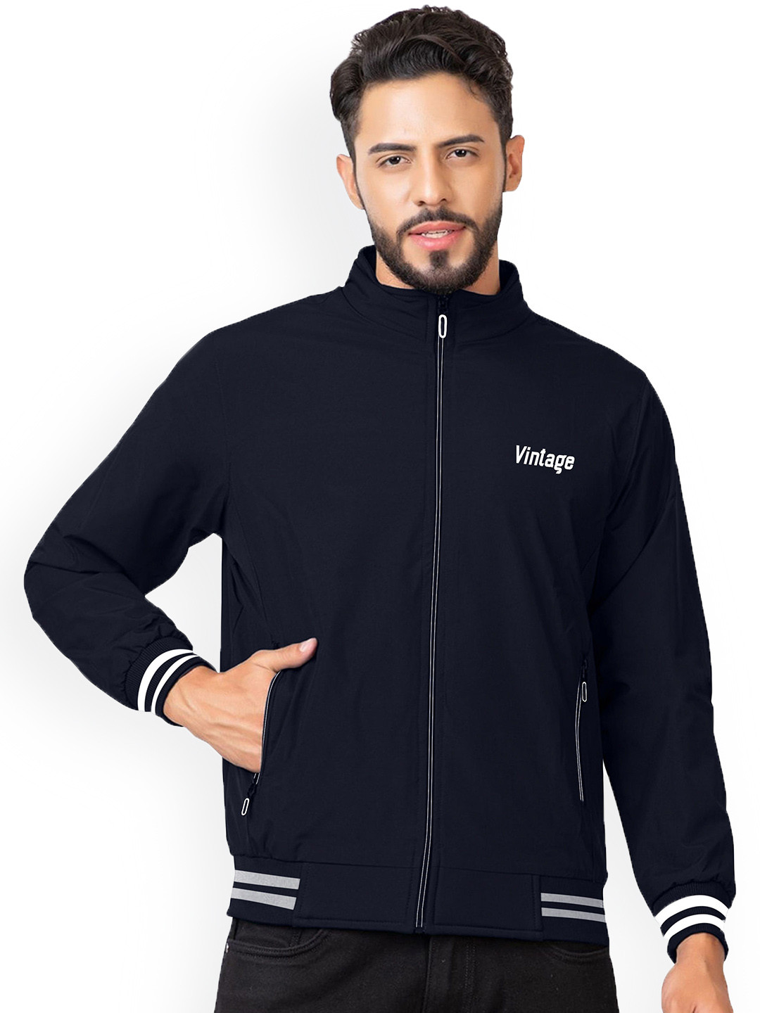 FTX Men Mock Collar Solid Windcheater Bomber Jacket