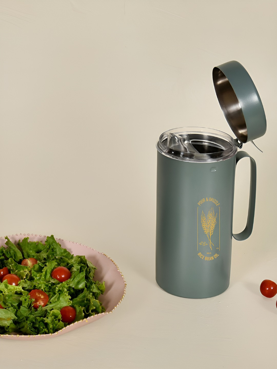 Living With Elan Rice Bran Oil Green & Beige Stainless Steel Oil Dispenser