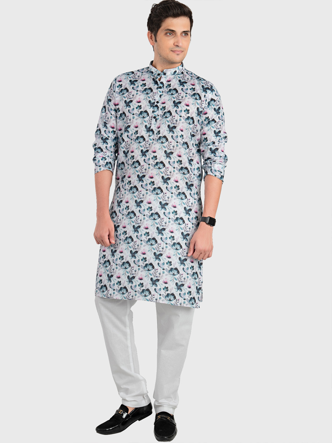 SHIWAM ETHNIX Men White & Blue Floral Printed Kurta