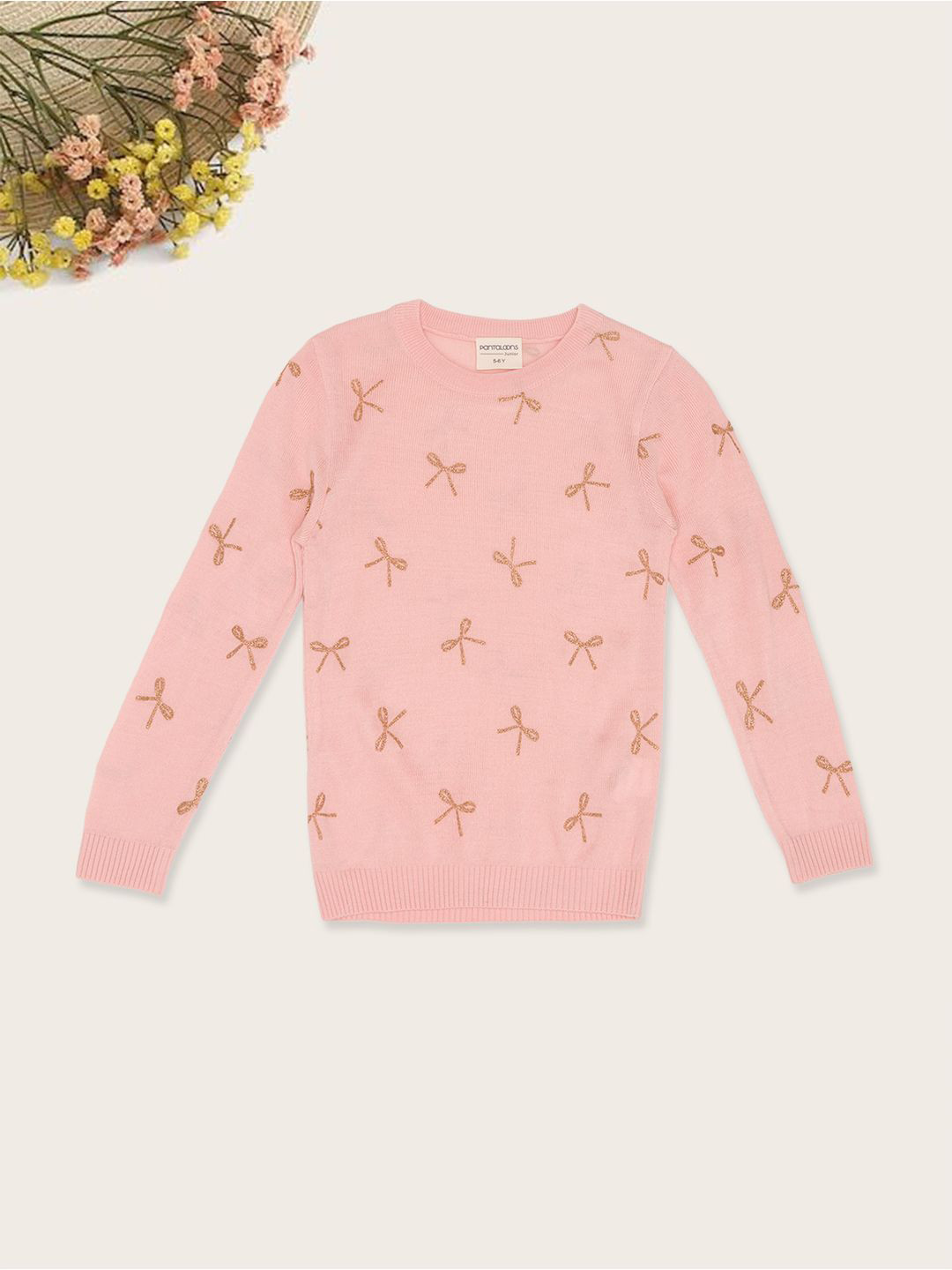 Pantaloons Junior Girls Bow Printed Round Neck Pullover Sweater