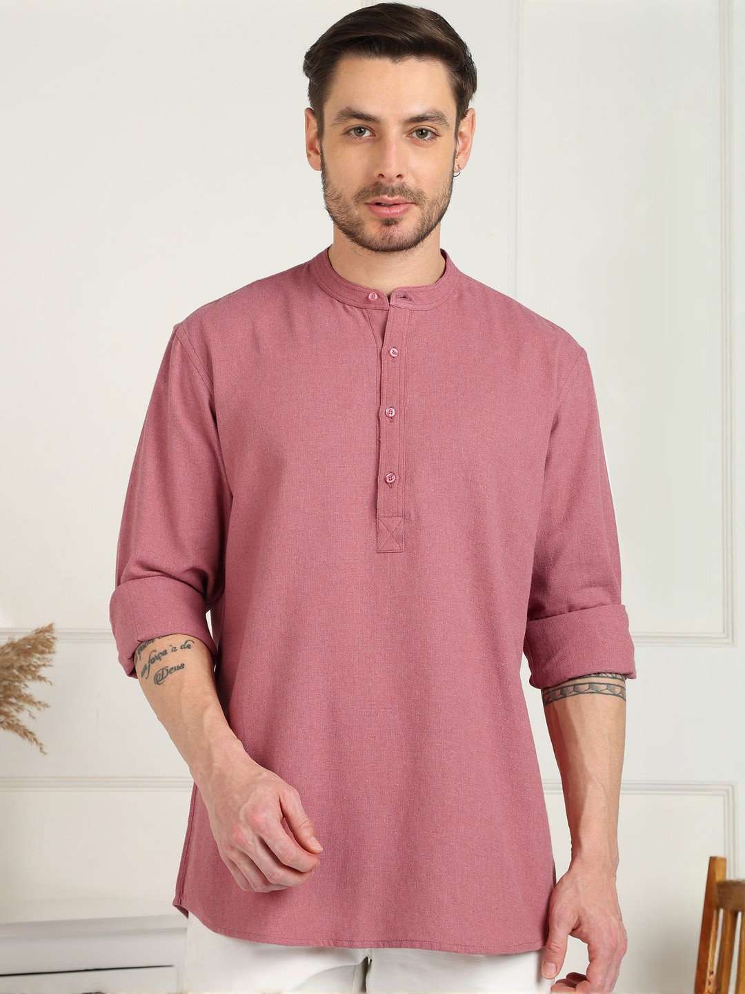 Men's Dusty Rose Solid Pure Cotton Mandarin Collar With Short Kurta Shirt