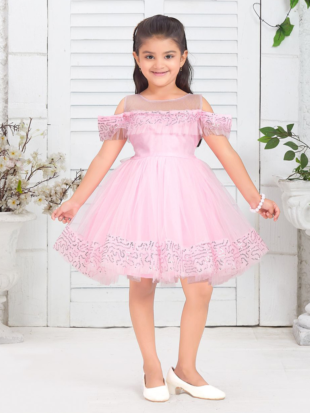 BAESD Girls Solid Self Design Gathered or Pleated Fit and Flare Dress