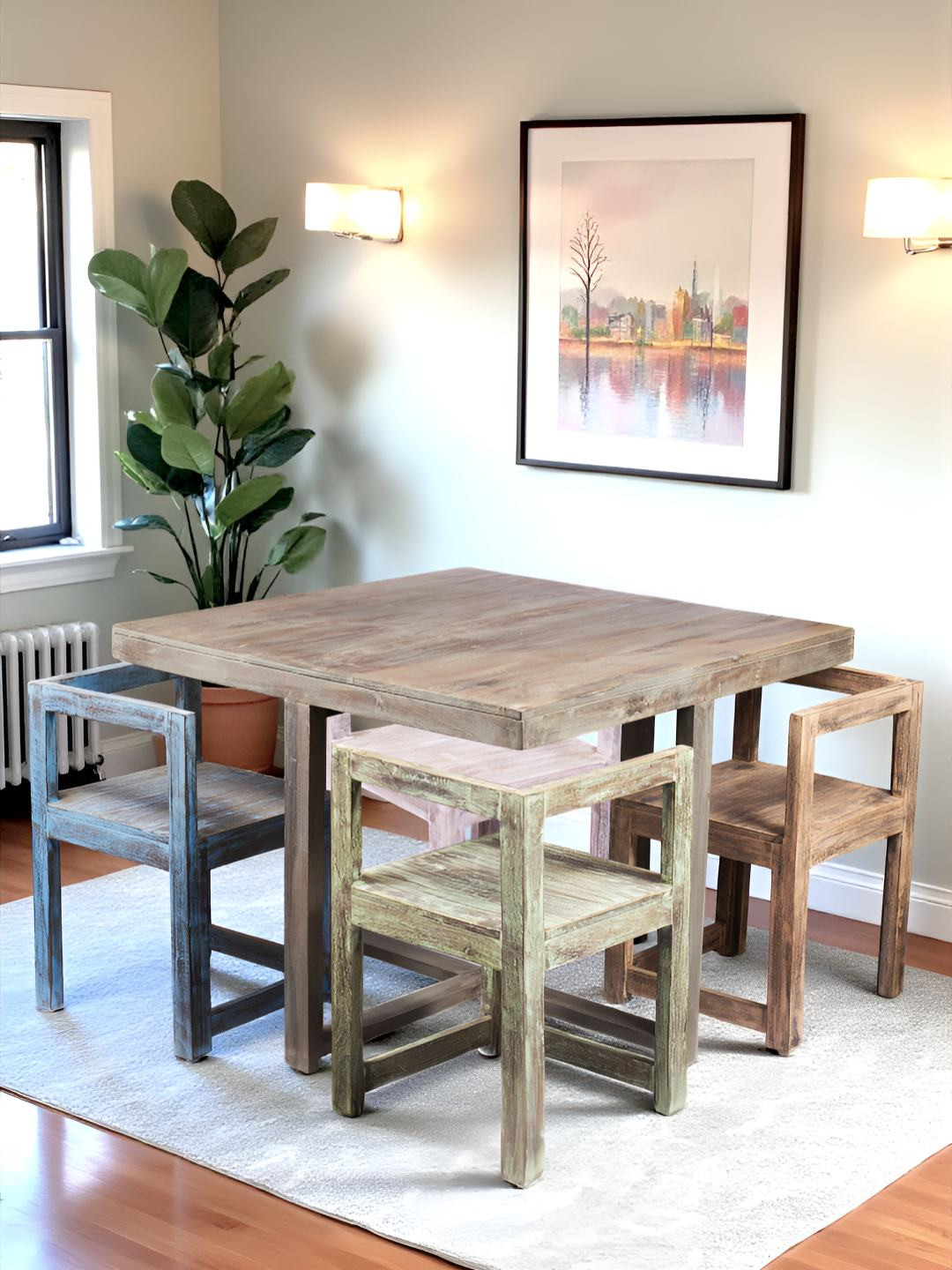 Ikiriya 5 Pieces Brown Wooden 4 Seater Dining Chairs & Table