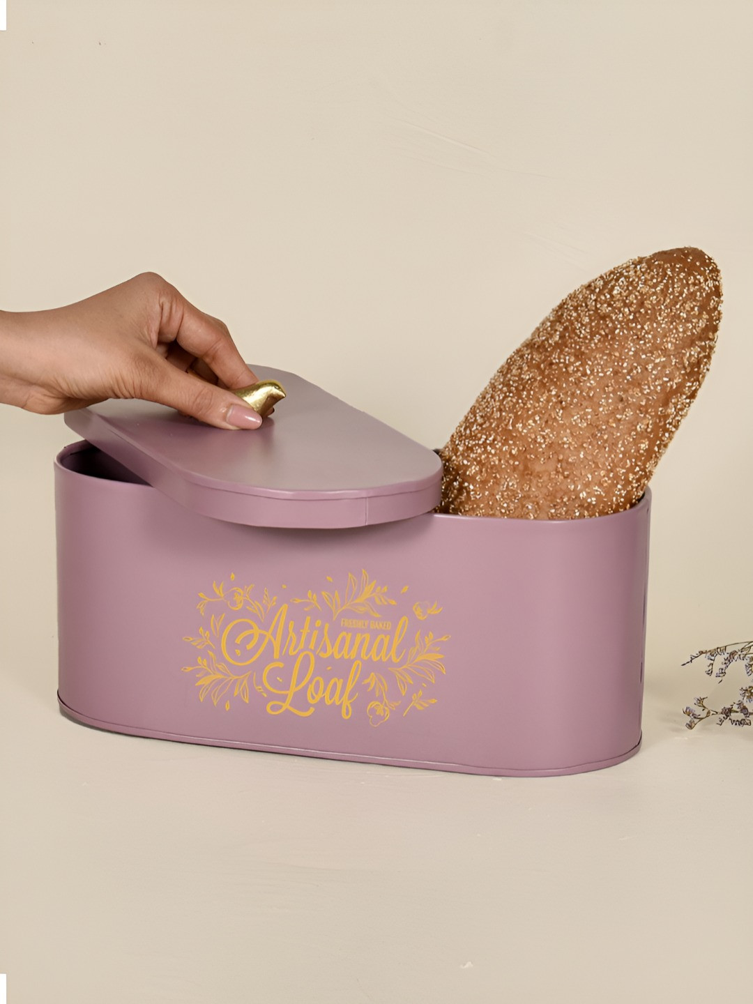 Living With Elan Mauve & Yellow Typography Metal Canister Container