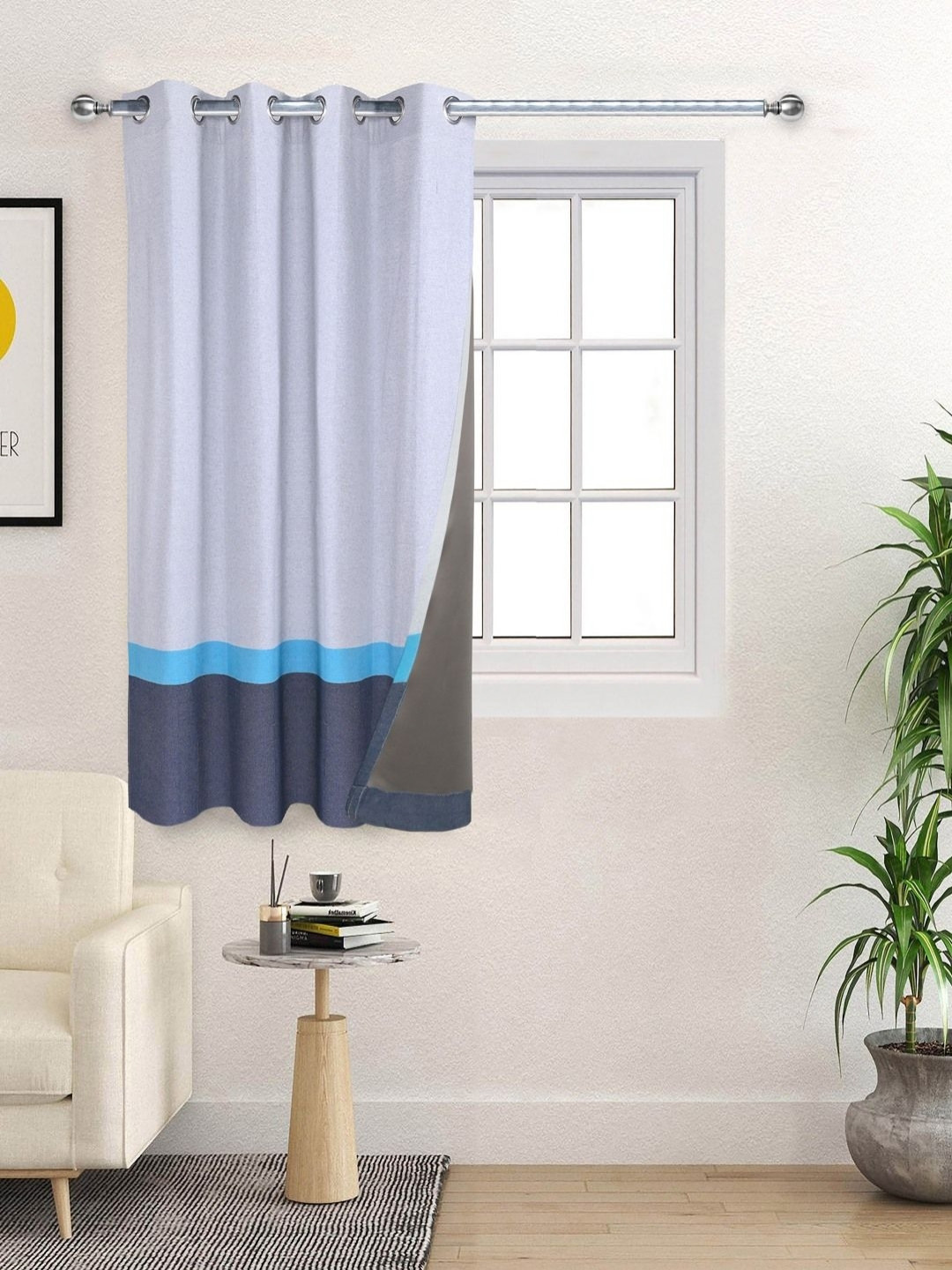 Saral Home Grey & Navy Blue Colourblocked Cotton Black Out Window Curtain