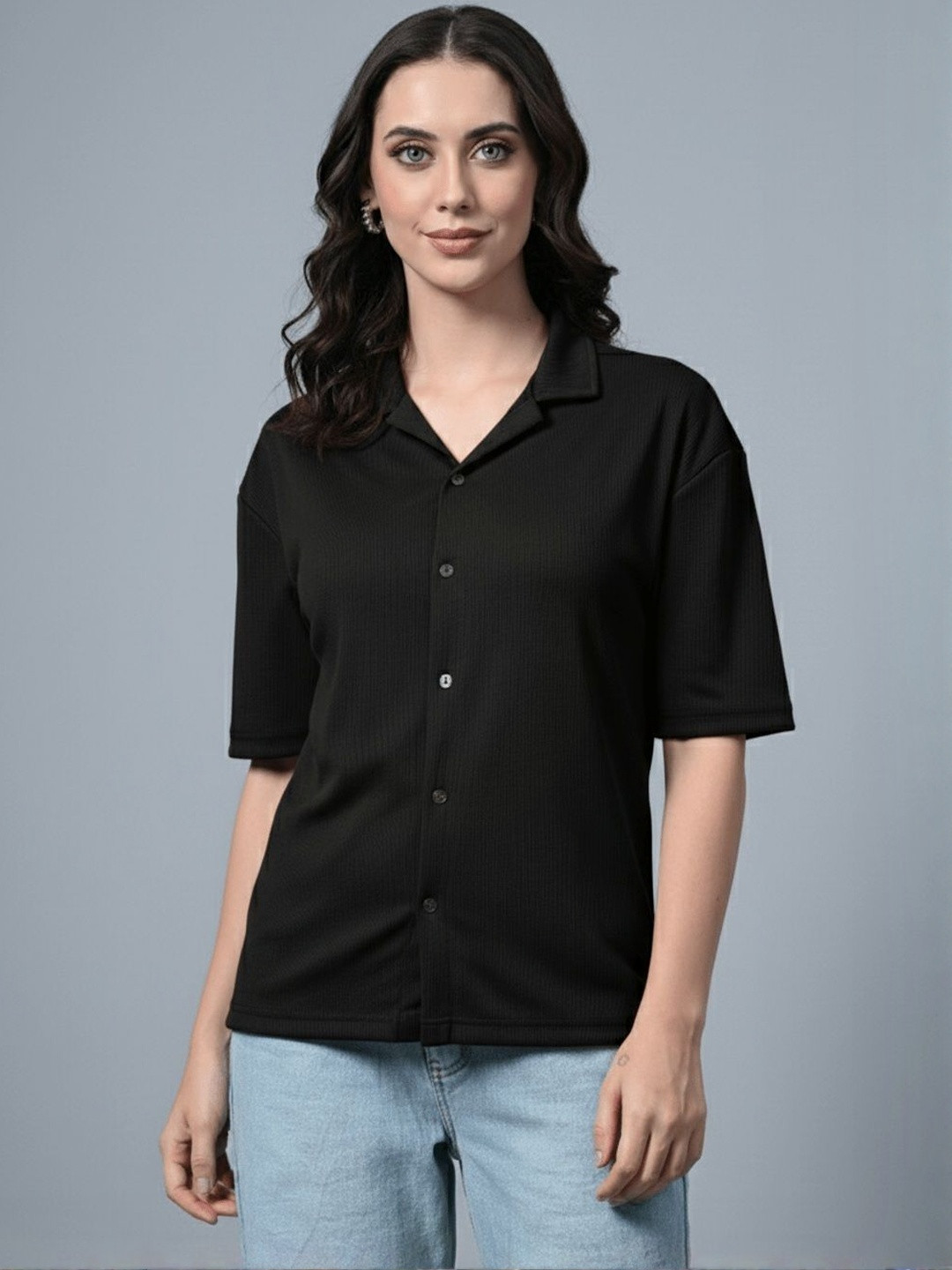 Moda Rapido Women Solid Black Button-Down Collar Half Sleeves Cotton Casual Shirt