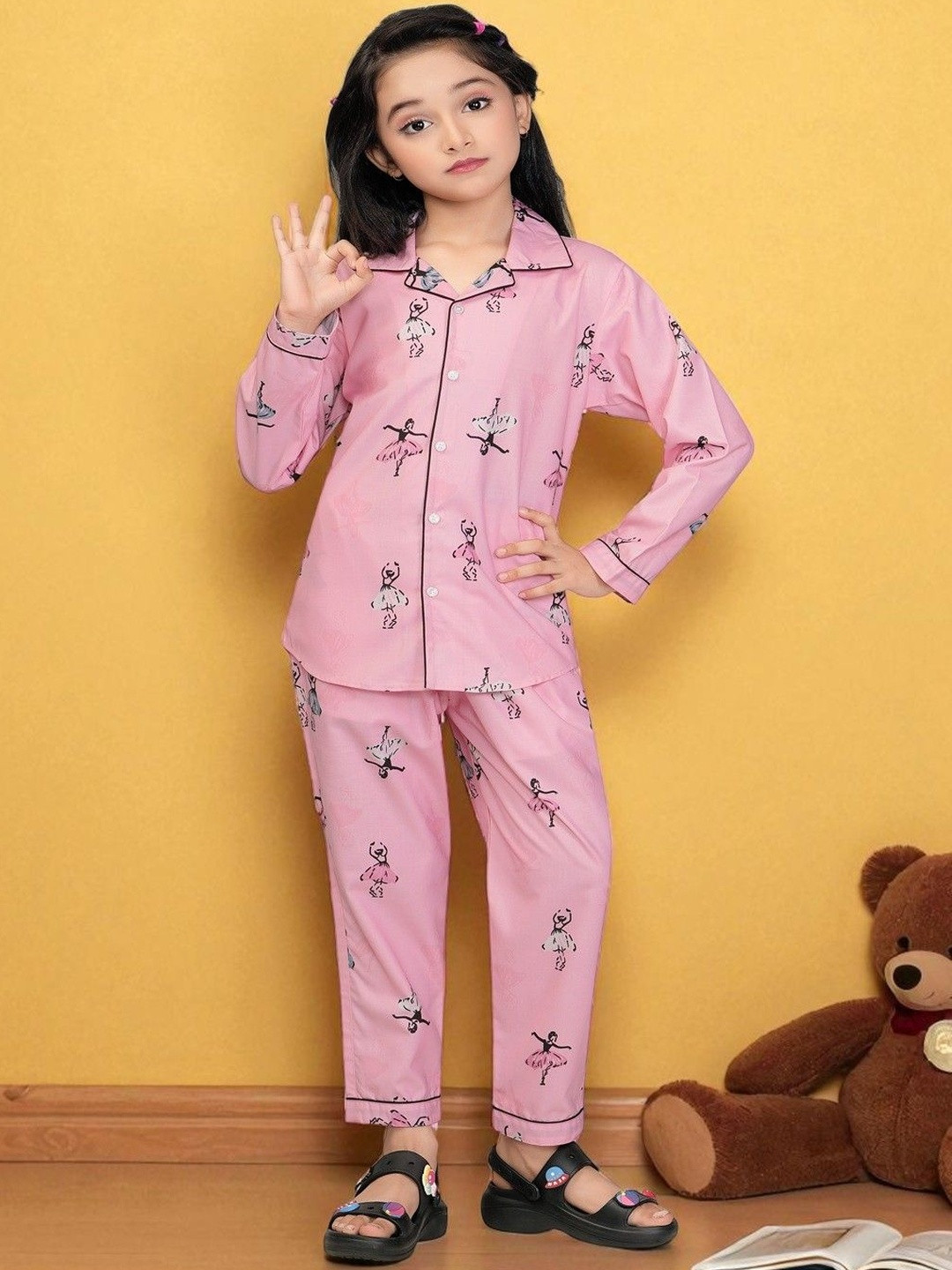 Club96 Kids Girls Pink Cotton Blend Printed Night Suit