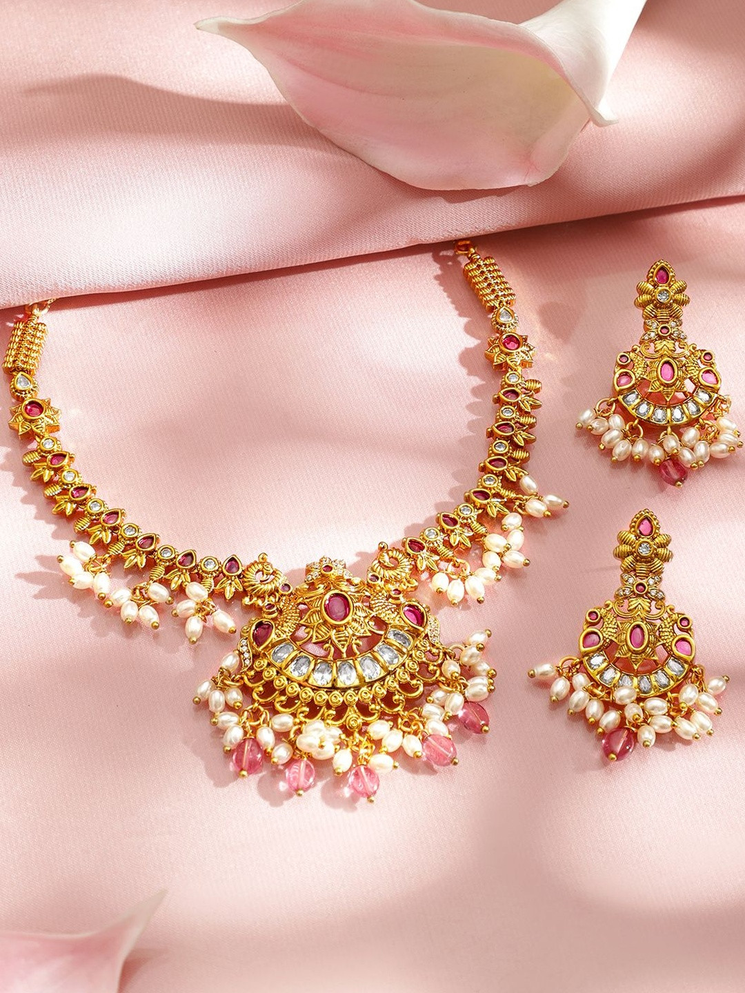 Rubans 22K Gold-Plated Ruby Pink Stone, Pearl & Pastel Pink Beaded Necklace Set