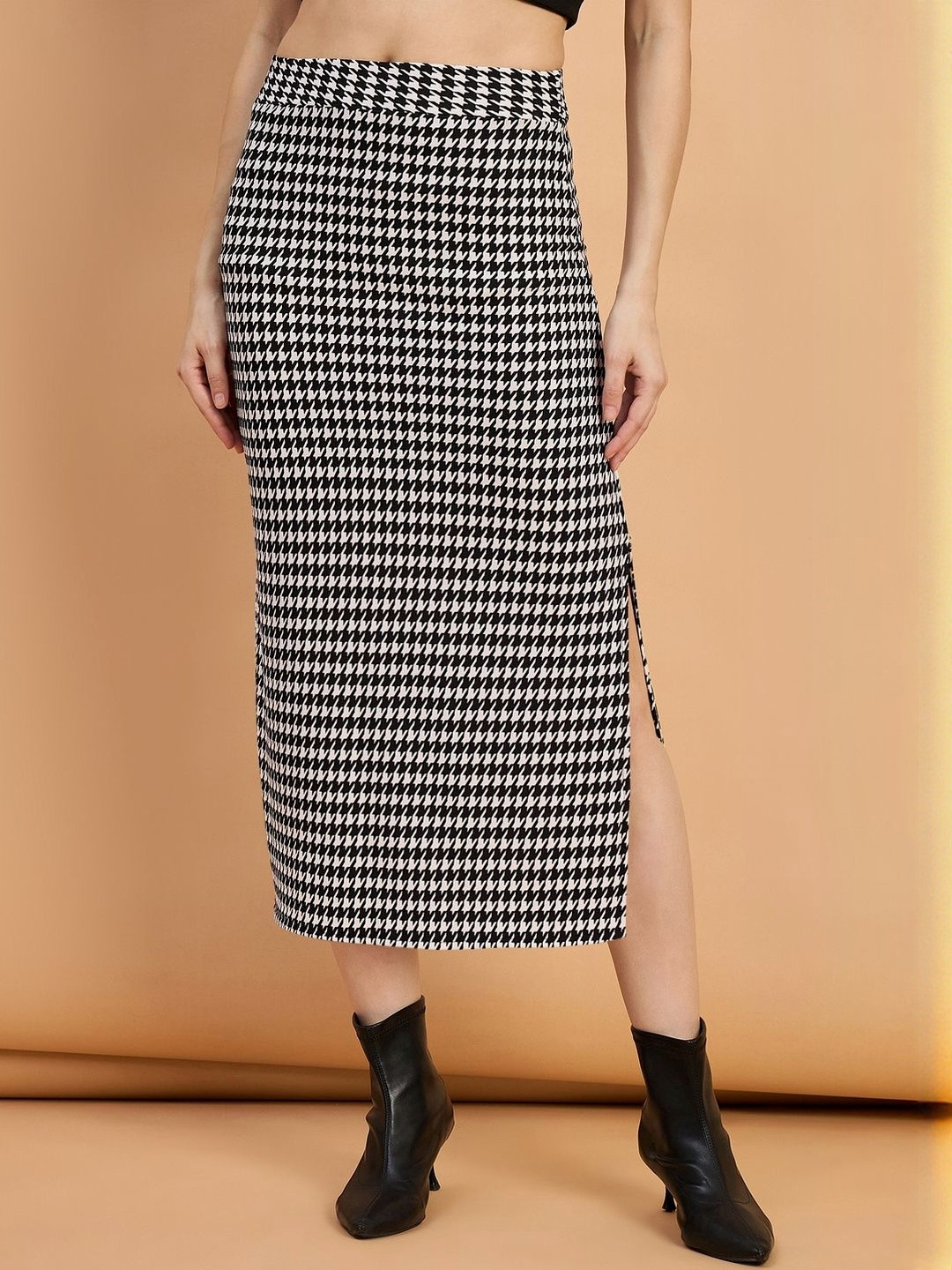 Cotton Blend Women Houndstooth Midi Pencil Skirt