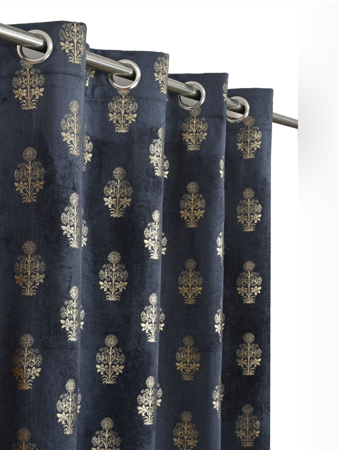 GEET CREATIONS Navy Blue & Gold Floral Room Darkening Velvet Long Door Curtain