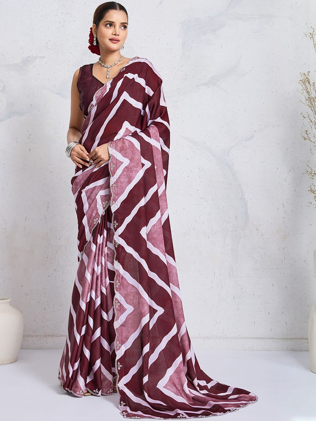 100 Dreams Chevron Printed Satin Saree with Diamond Scalloped Border
