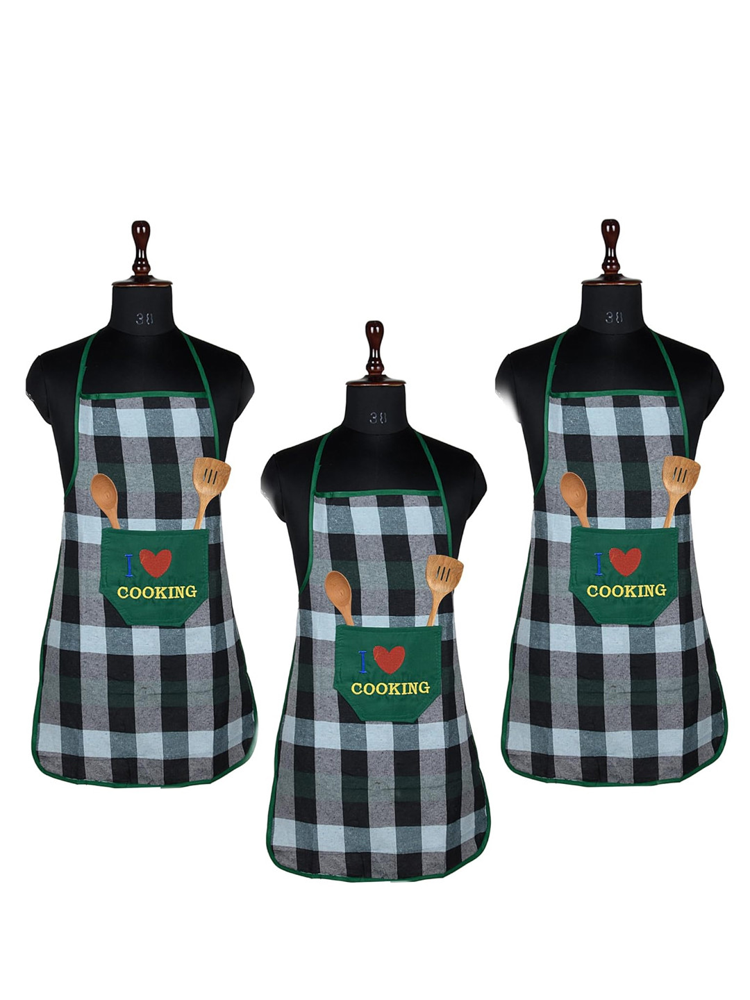 Kuber Industries Pack Of 3 Green Bada Checked Waterproof Front Pocket Kitchen Apron