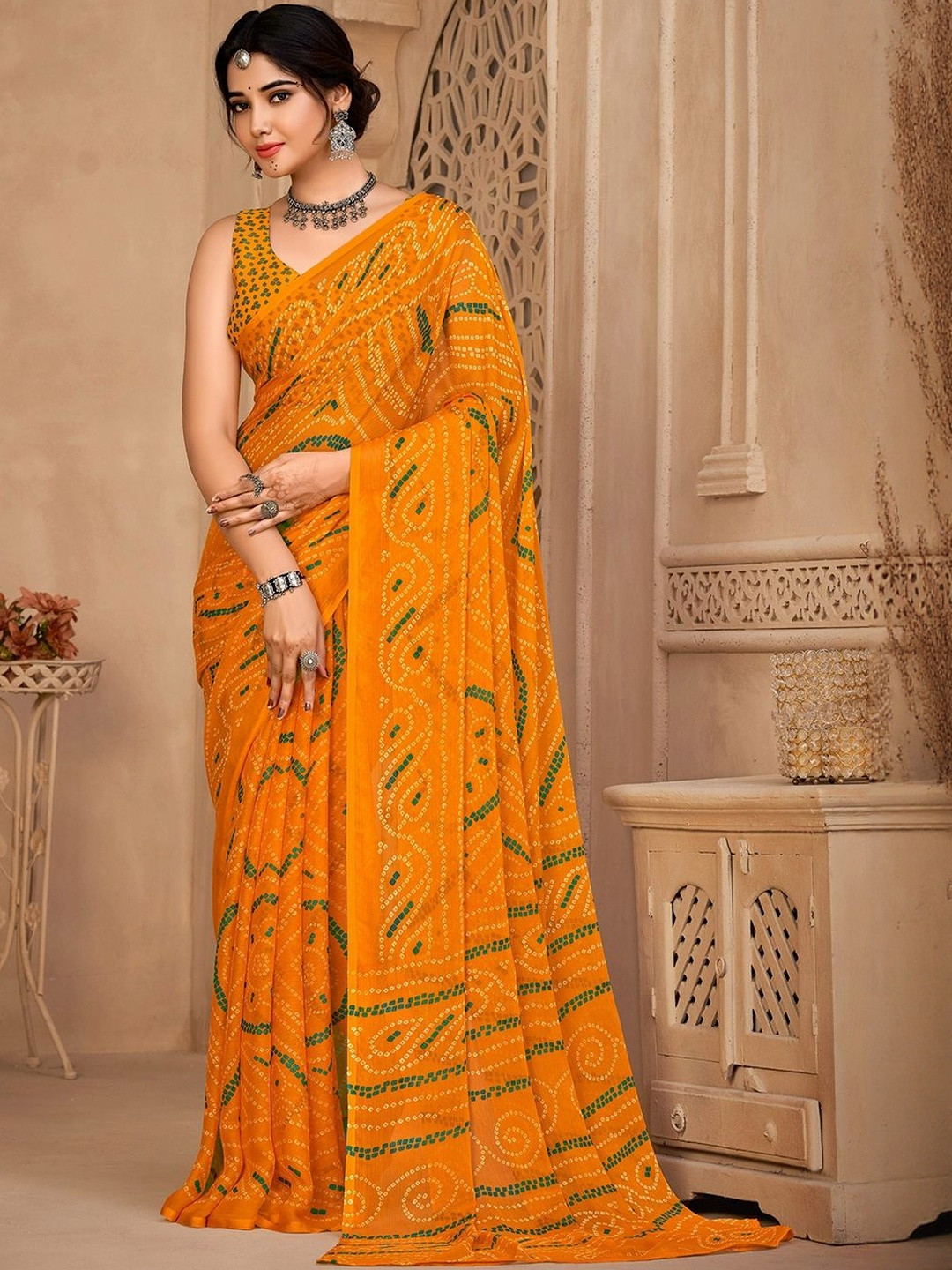 INDONIQ Bandhani Printed Chiffon Saree With Blouse Piece