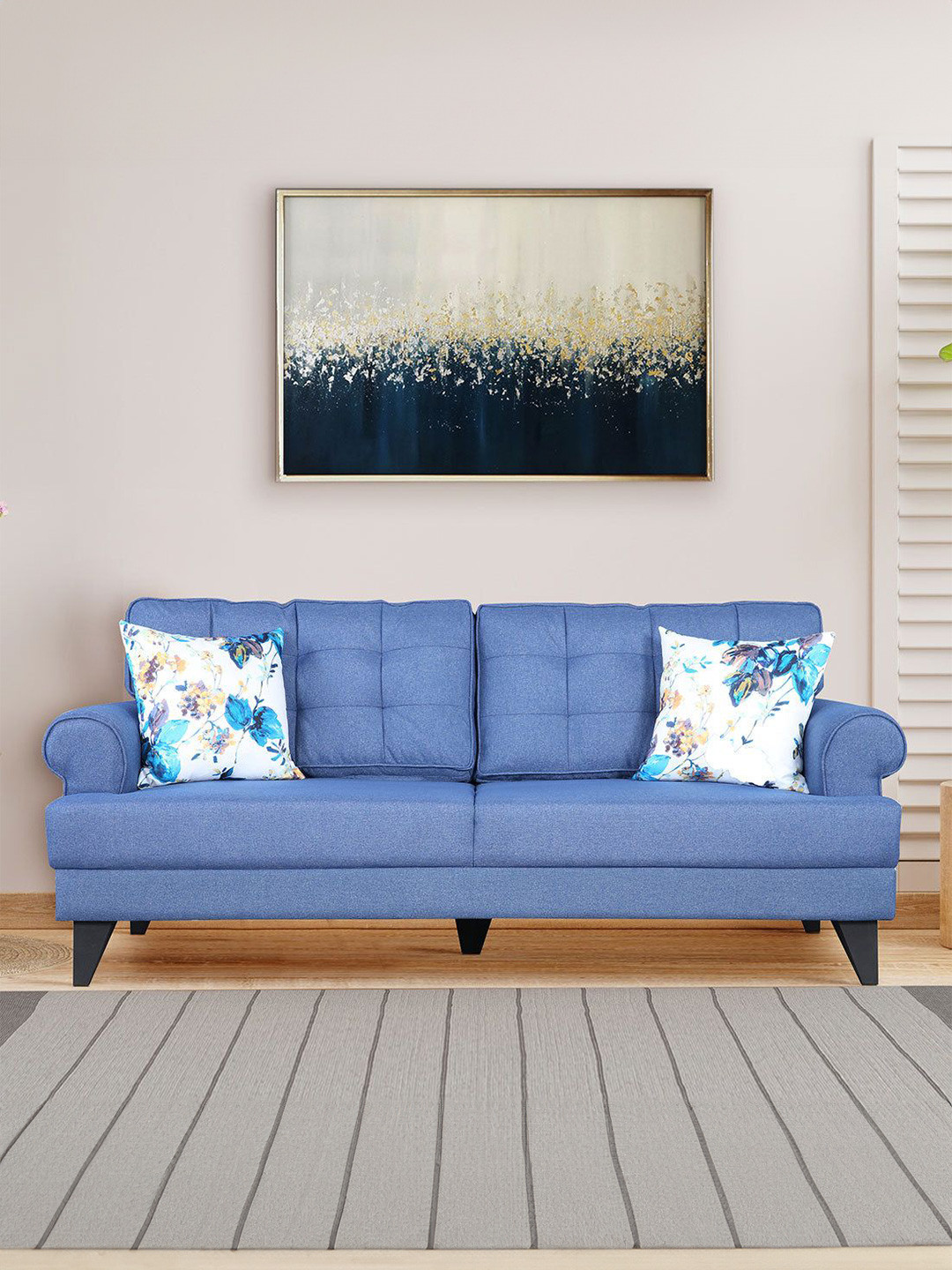 HomeTown Blue & White Durable 3-Seater Sofa