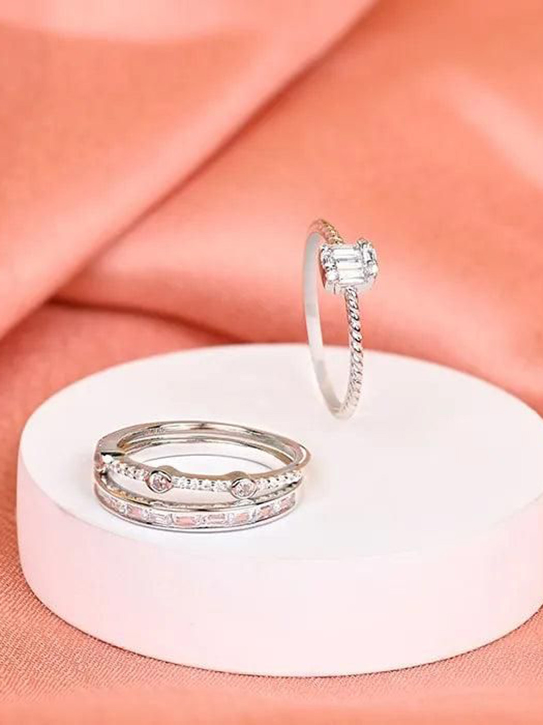 TOUCH925 Set Of 3 925 Silver Cubic Zirconia Stone-Studded Finger Rings