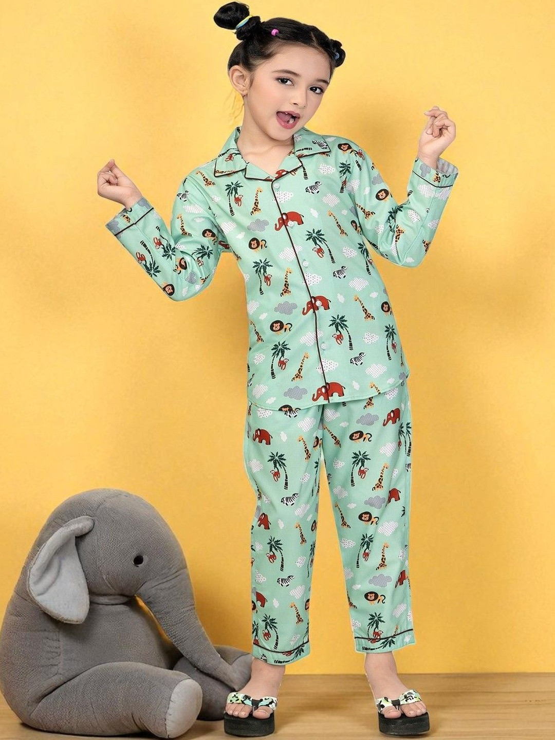 Club96 Girls Mint Green Girls Cute Jungle Animal Print Sleepwear
