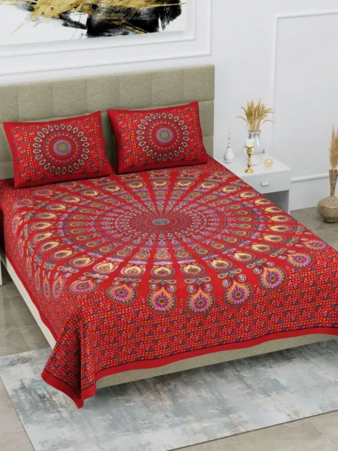 POORAK Red & Pink Ethnic Motifs 104 TC King Bedsheet Set  0.9 mx 1 m