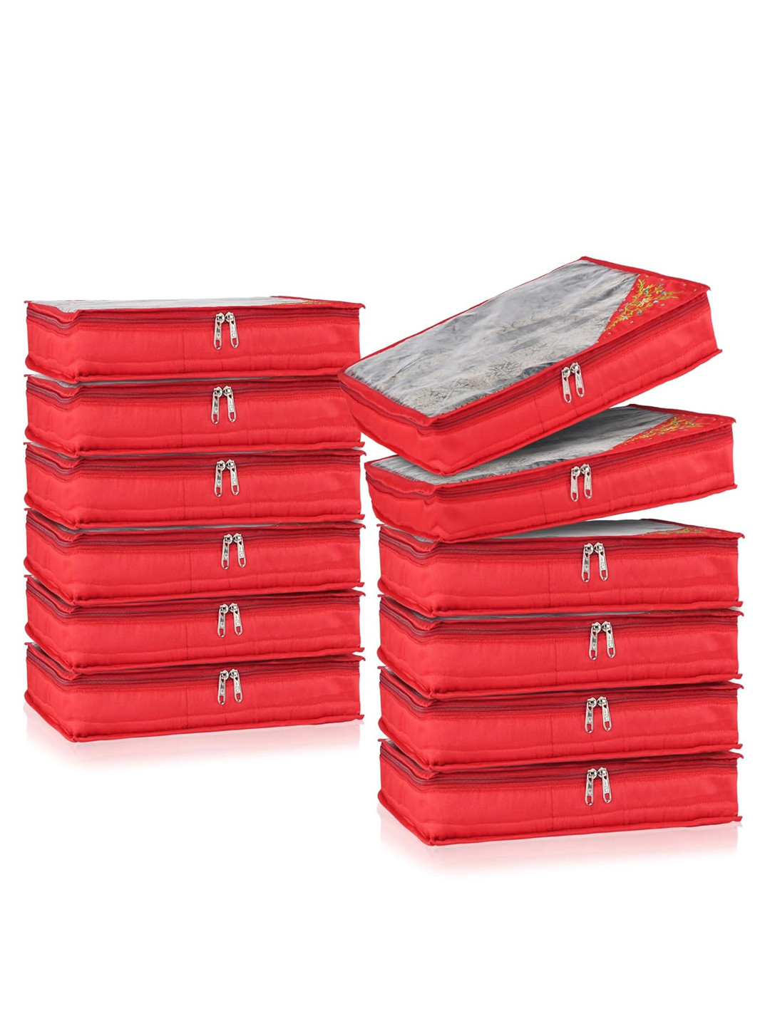 Kuber Industries Set Of 12 Red Solid Silk Single Packing Saree Cover Organizers