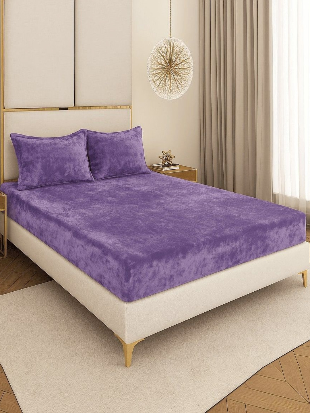 BLUEDOT Purple Velvet Flannel Warm Fitted King Bedsheet Set