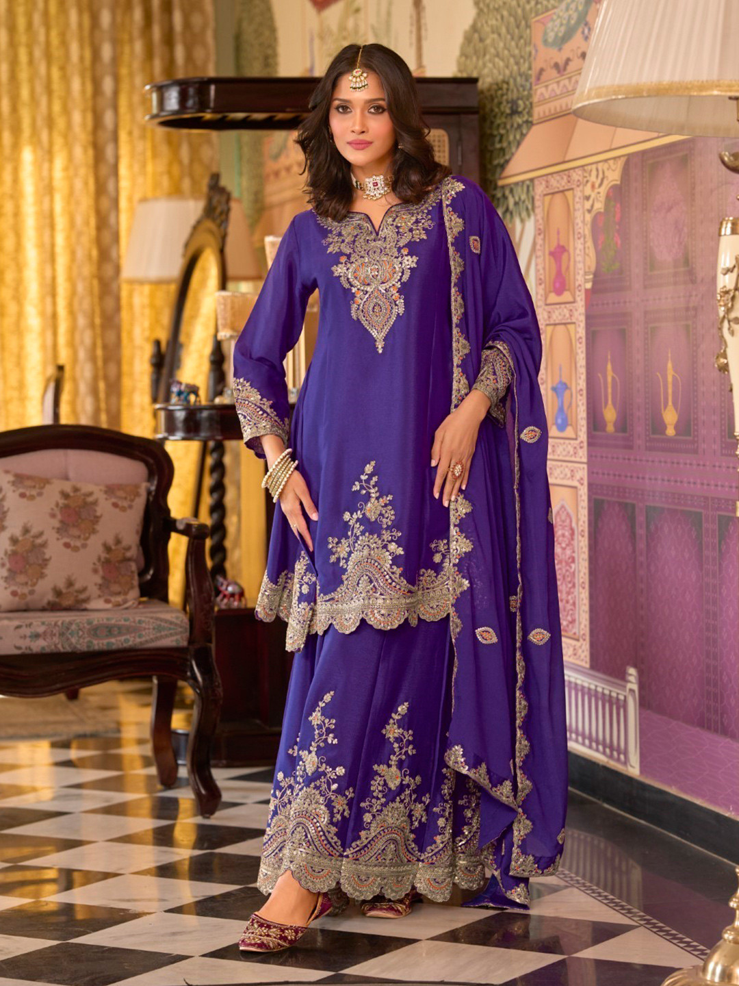 AUTUMN LANE Rangrit Orchid Ethnic Motifs Embroidered A-line Kurta With Gharara & Dupatta