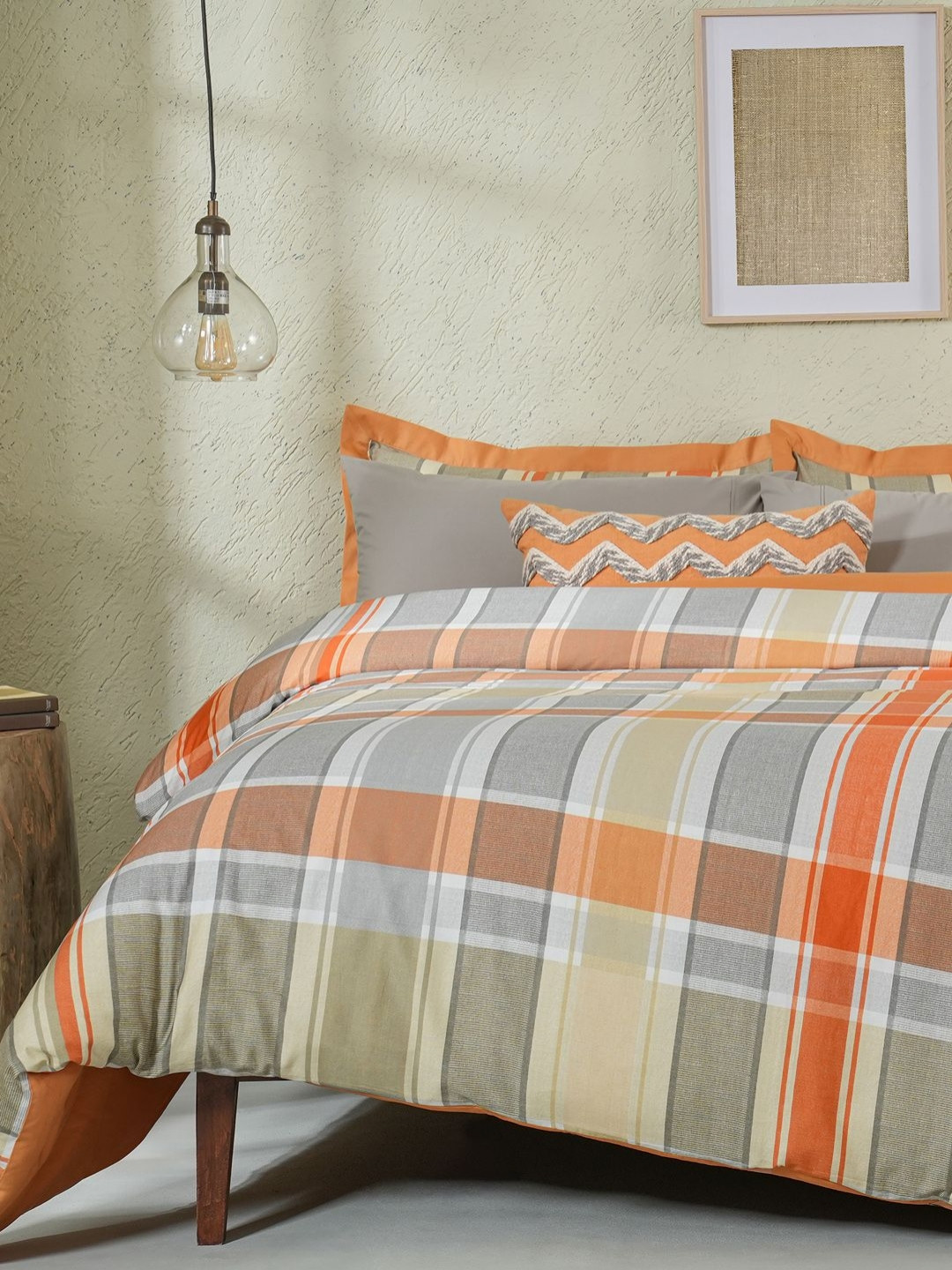 MASPAR Rust Colored & Grey Geometric Printed Pure Cotton Double King Regular Bedding Set