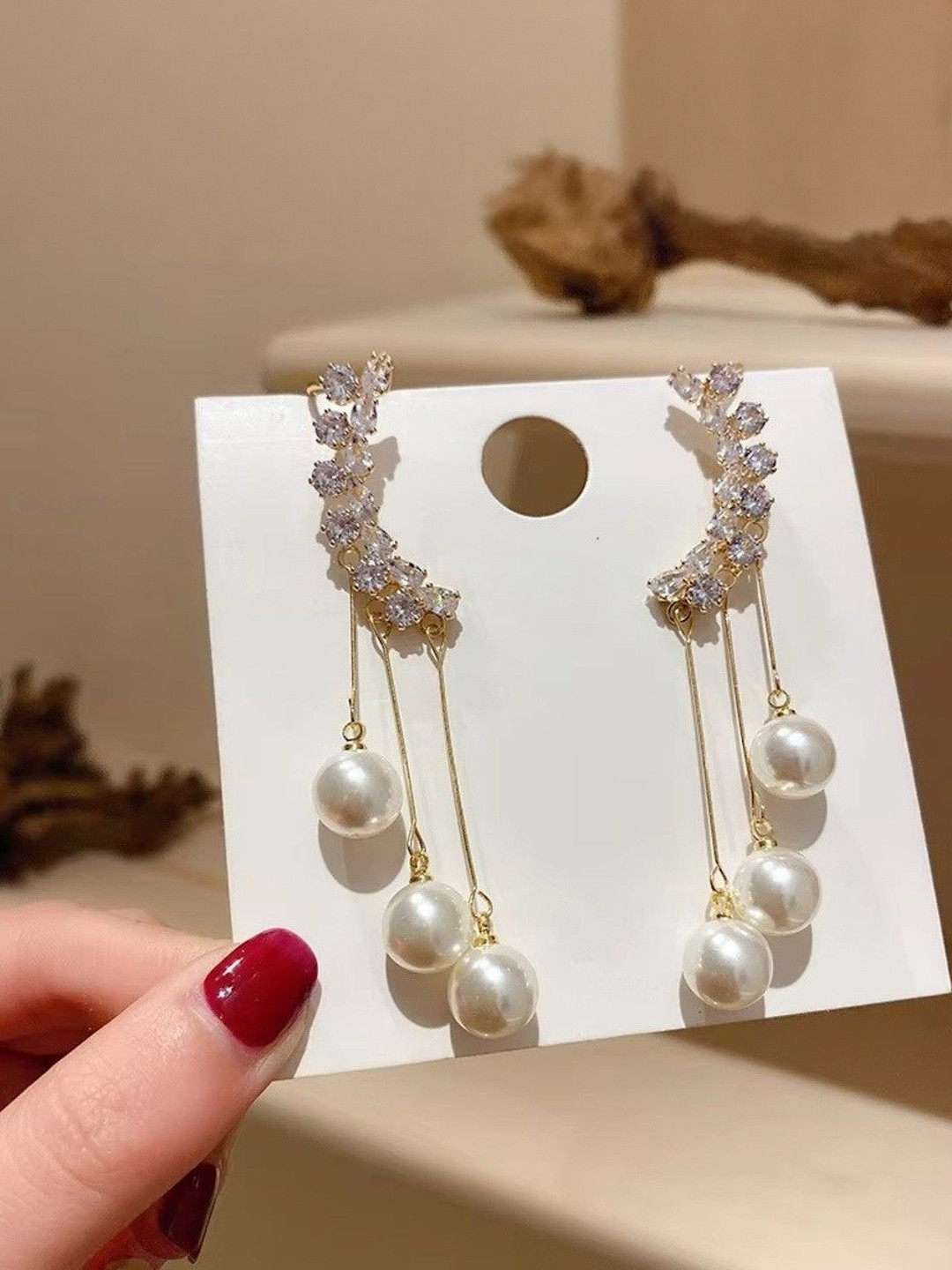 Tiso Women White Gold-Plated Artificial Stones and Beads Ear Cuff Drop Earrings