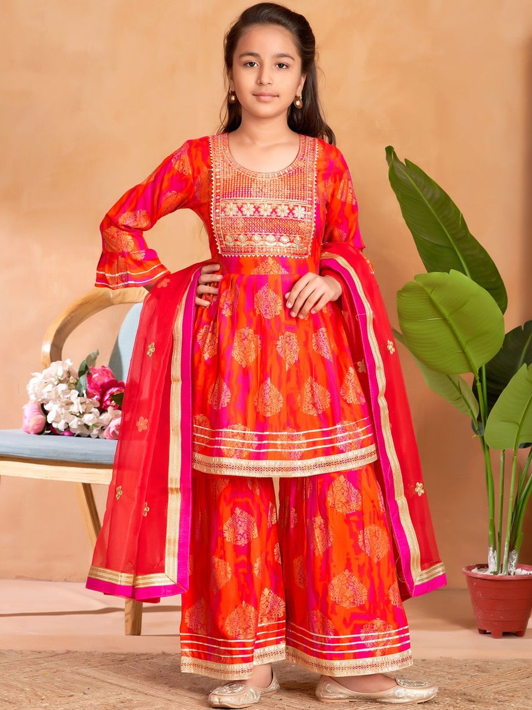 Muhuratam Girls Indigo Woven Design A-Line Kurta With Sharara And Dupatta