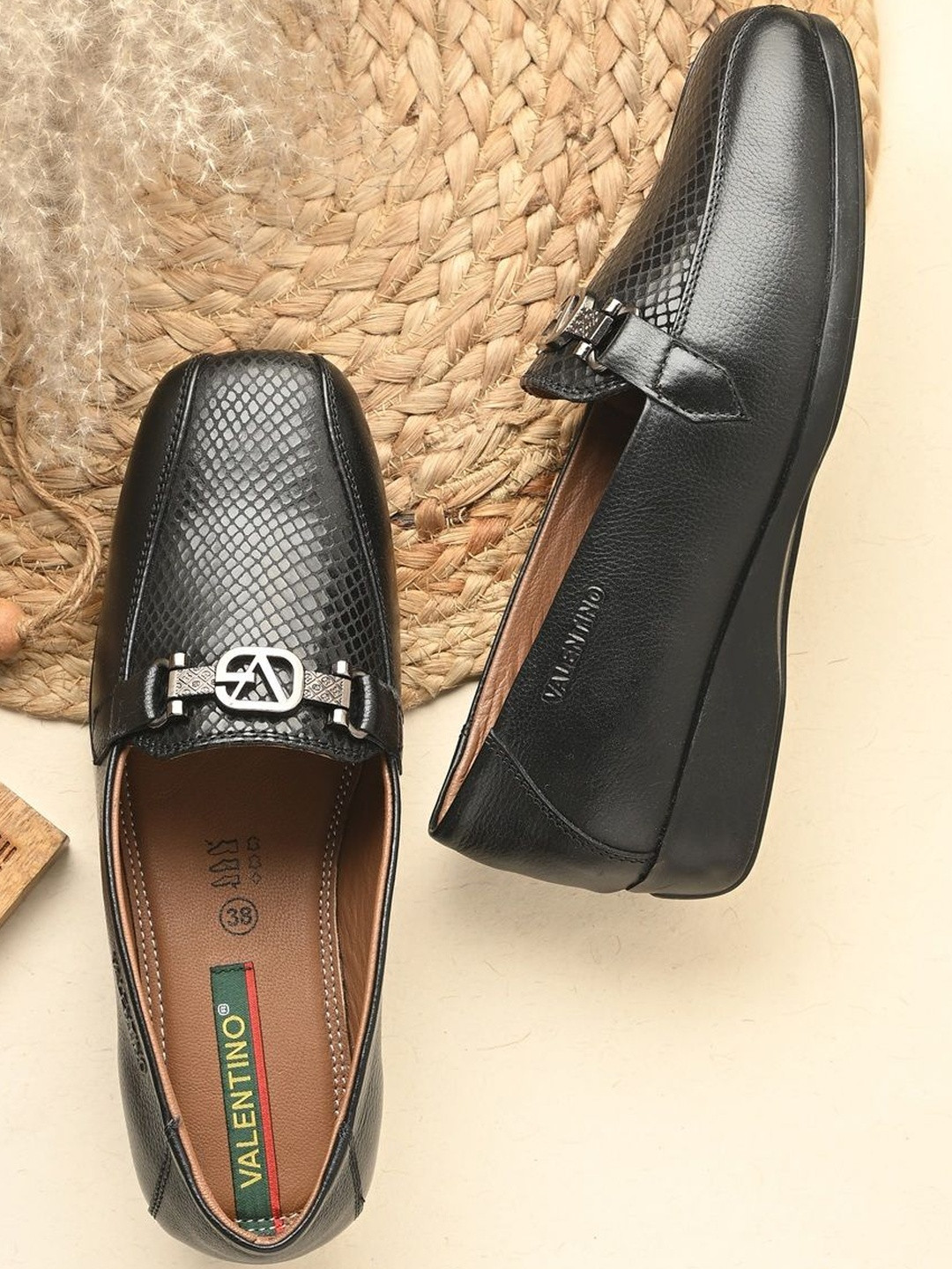 Valentino Women Black Textured Square Toe Buckle Embellished Leather Loafers