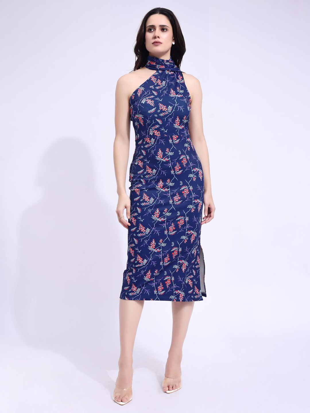 PURVAJA Women Floral Printed Scarf Neck Sleeveless Slits Detail Sheath Midi Dress