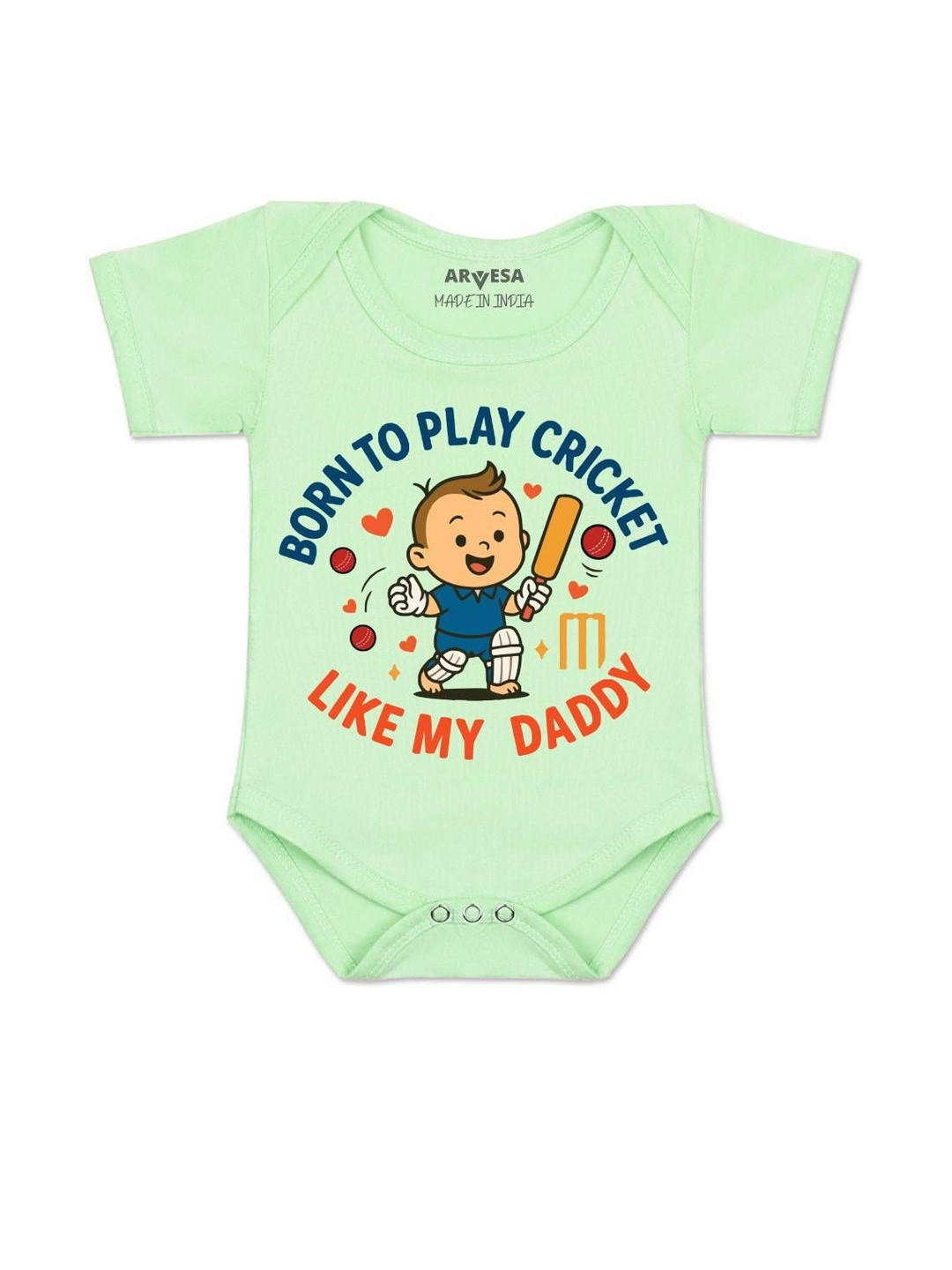 Arvesa Infants Born To Play Cricket Printed Round Neck Romper