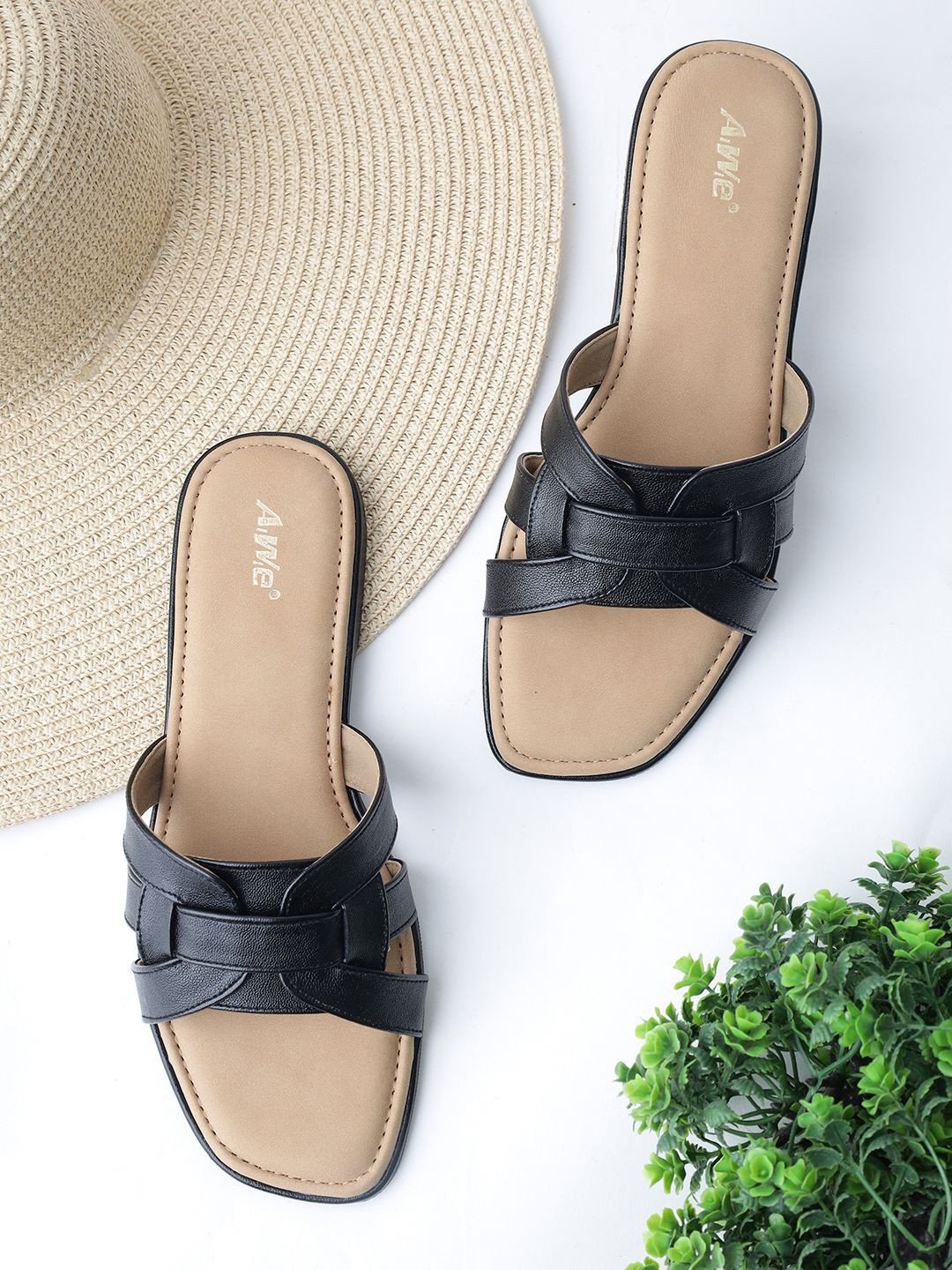AIWIE Women Stylish Cross-Strap Design & Cushioned Footbed Open Toe Flats