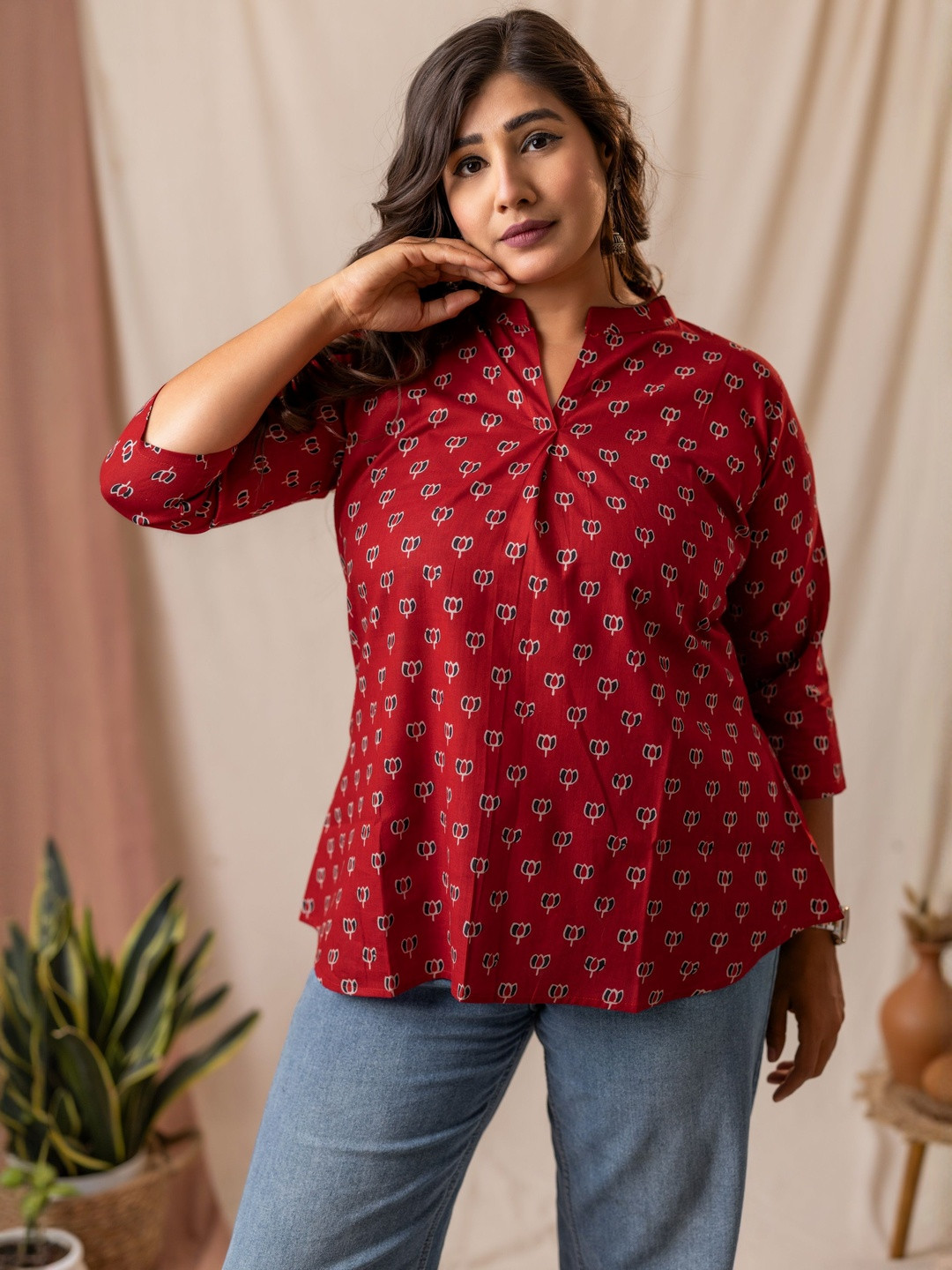 Glory Silk Floral Print Mandarin Collar Block Print Cotton Top