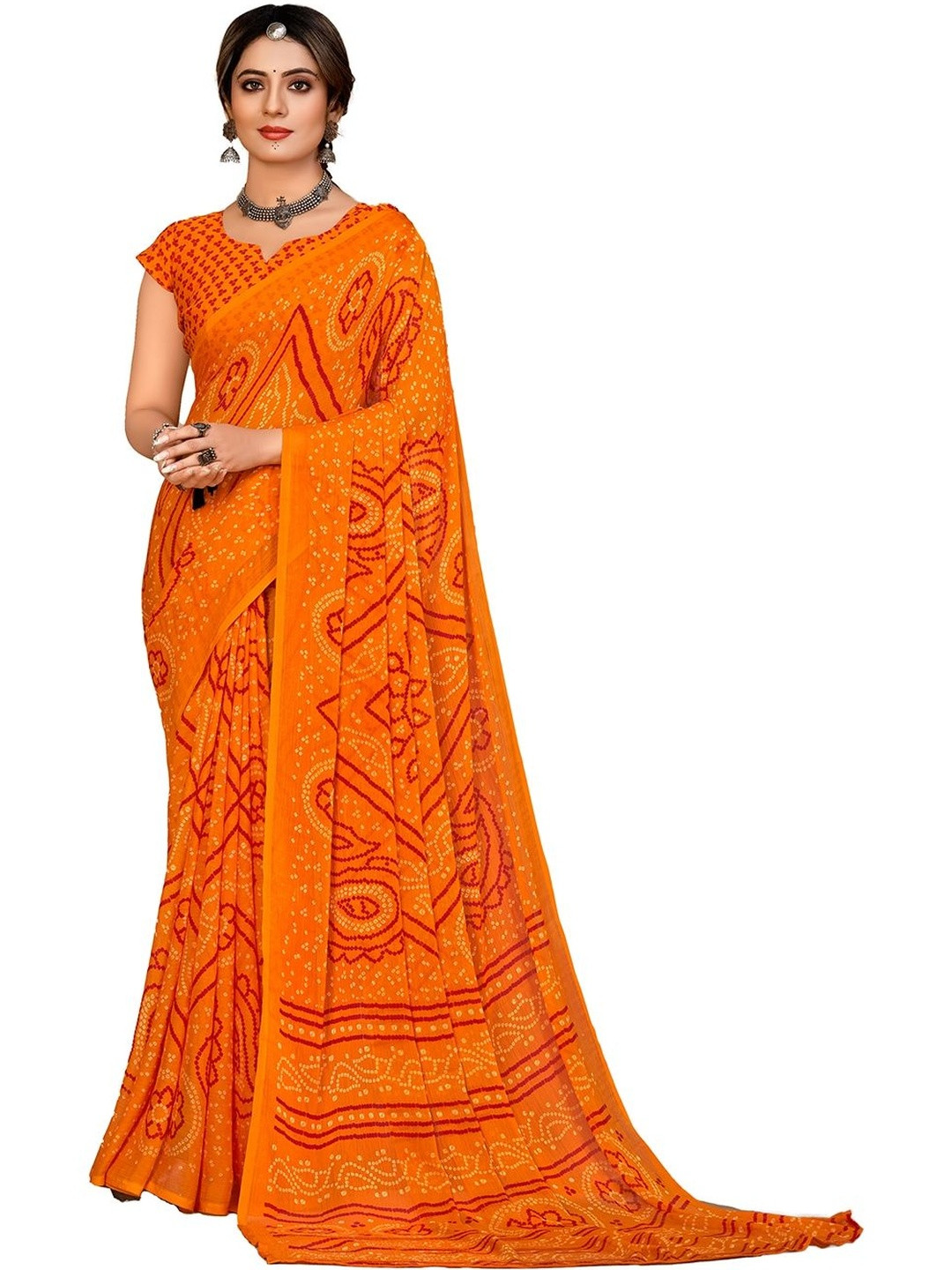 INDONIQ Printed Woven Design Bandhani  Saree With Unstitched Blouse