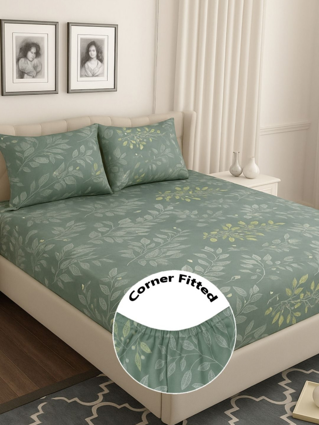bsb home Green & White Floral Printed 210 TC Fitted Bedsheet Set 1.82 m x 1.72 m
