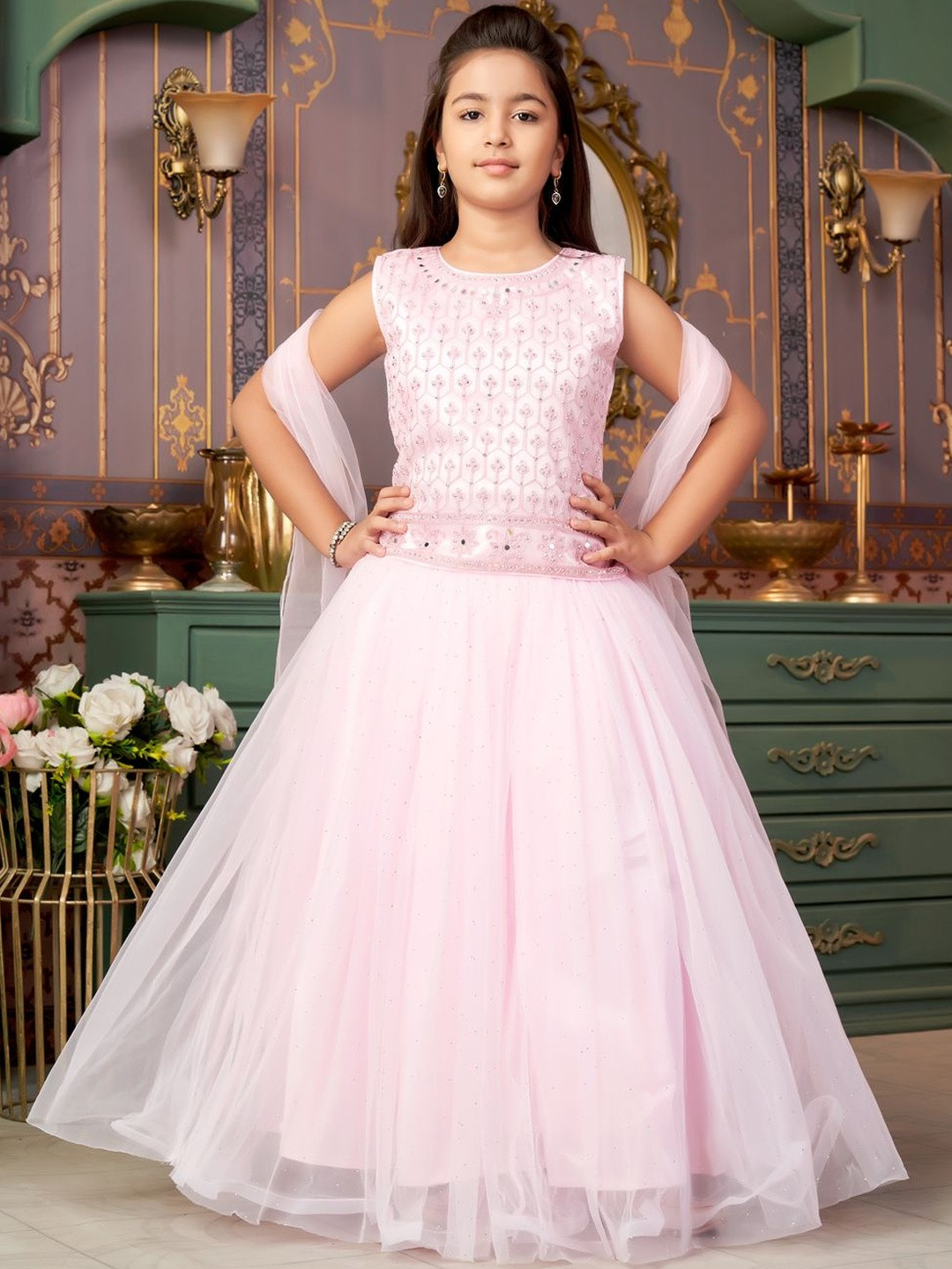Muhuratam Kids Girls Pink Net Ready to Wear Lehenga Choli