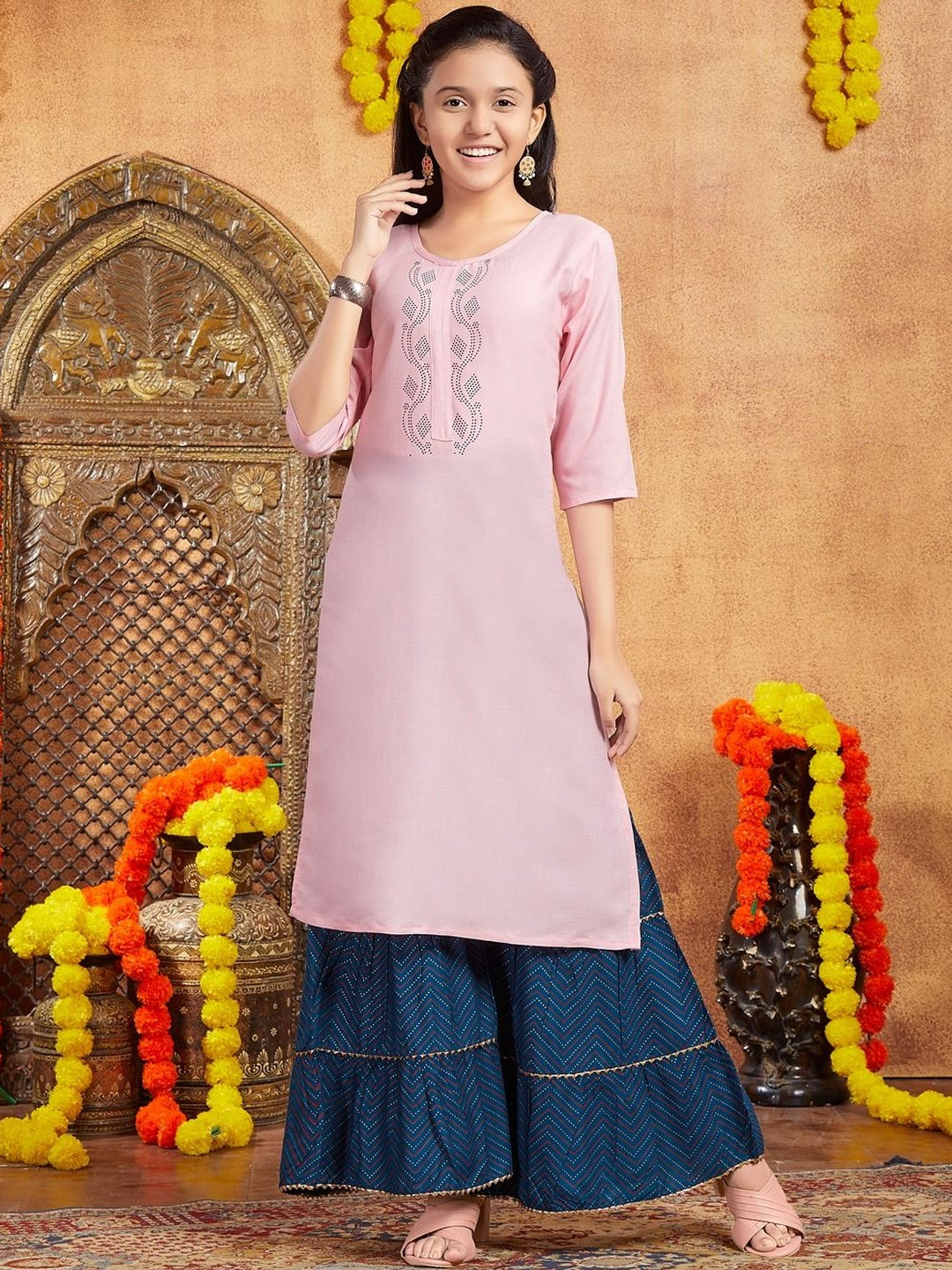 Muhuratam Girls Casual Wear Pink Colour Embellished Cotton Kurti