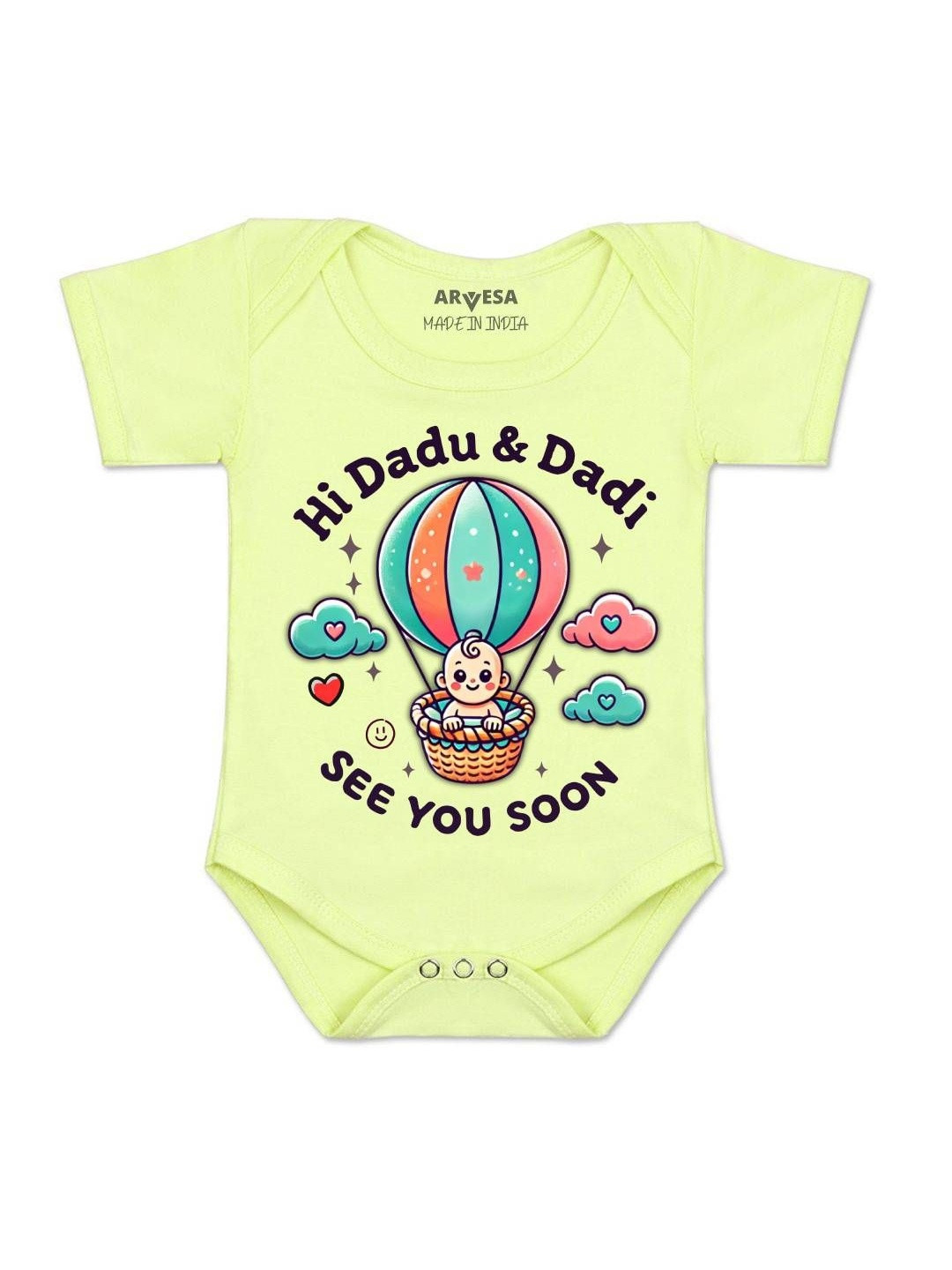 Arvesa Kids Hi Dadu & Dadi See You Soon Printed Yellow Cotton Rompers
