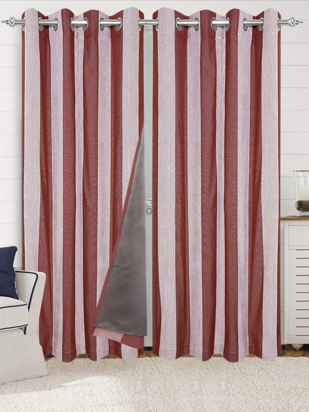 Saral Home Maroon & White Set Of 2 Striped Cotton Black Out Door Curtains