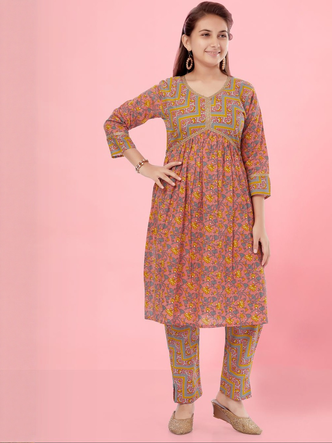 Muhuratam Girls Ethnic Wear Peach Colour Floral Print With Lace Work Cotton Kurti