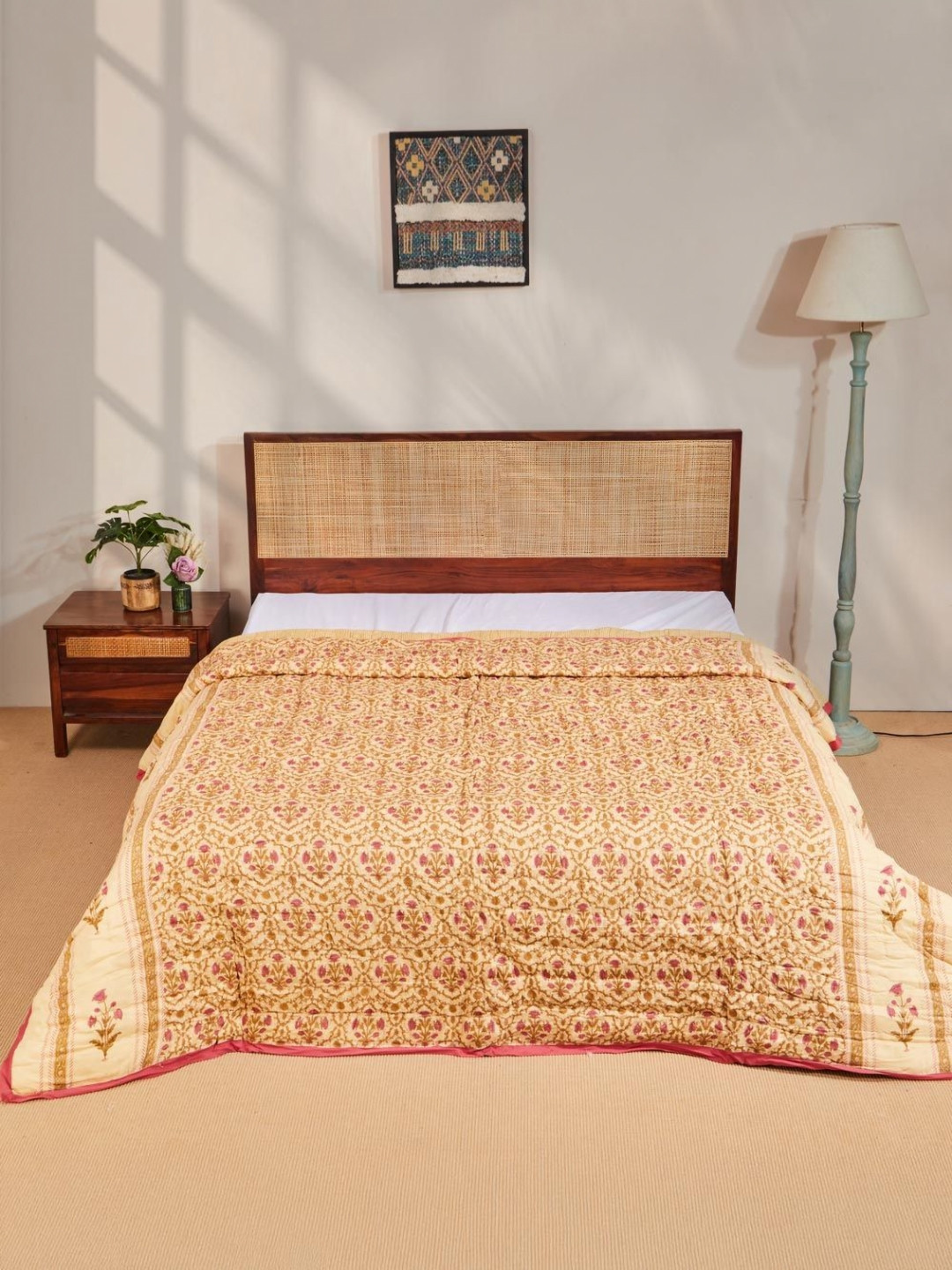 Fabindia Yellow & Pink Cotton Ethnic Motifs Mild Winter 354 GSM Single Bed Quilt