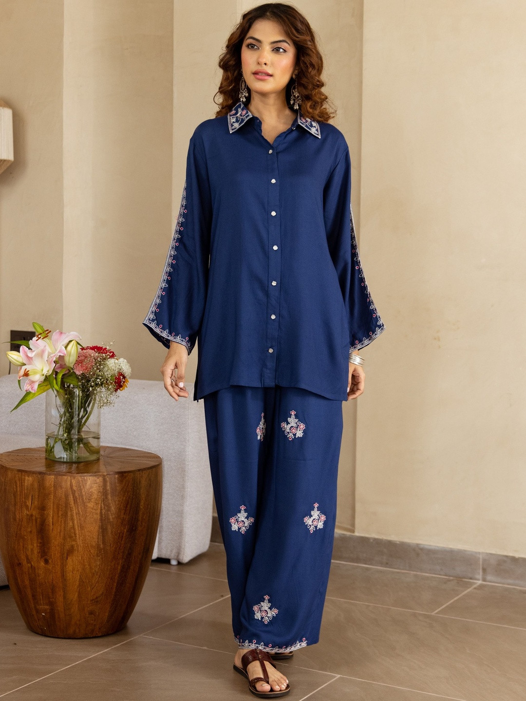 Kalini Women's Blue German Rayon Tunic & 1 Pant Co-Ords Set