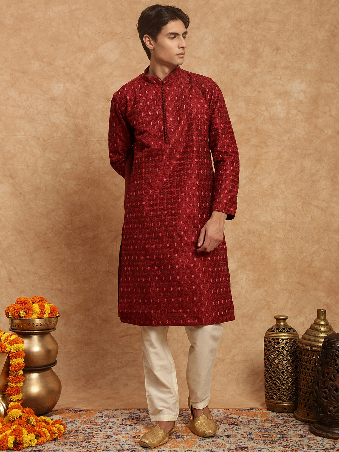SOURAGYA Stylish Ethnic Embroidered Mandarin Collar Silk Kurta With Trousers