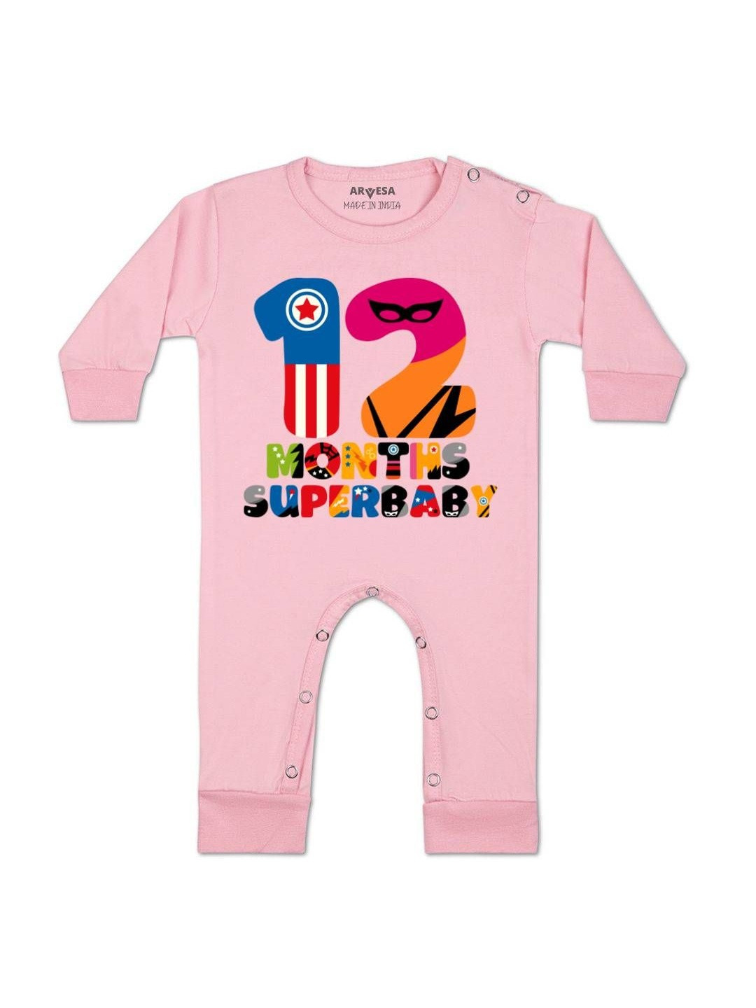 Arvesa Kids 12 Months Supirbaby Printed Pink Cotton Rompers
