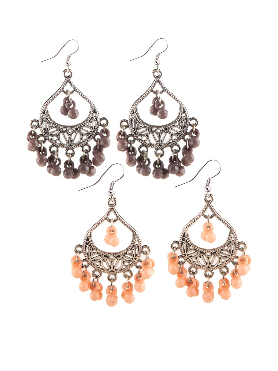 Set of 2 Oxidized Silver-Toned Chandbali Earrings with Grey & Peach Beads & Girls