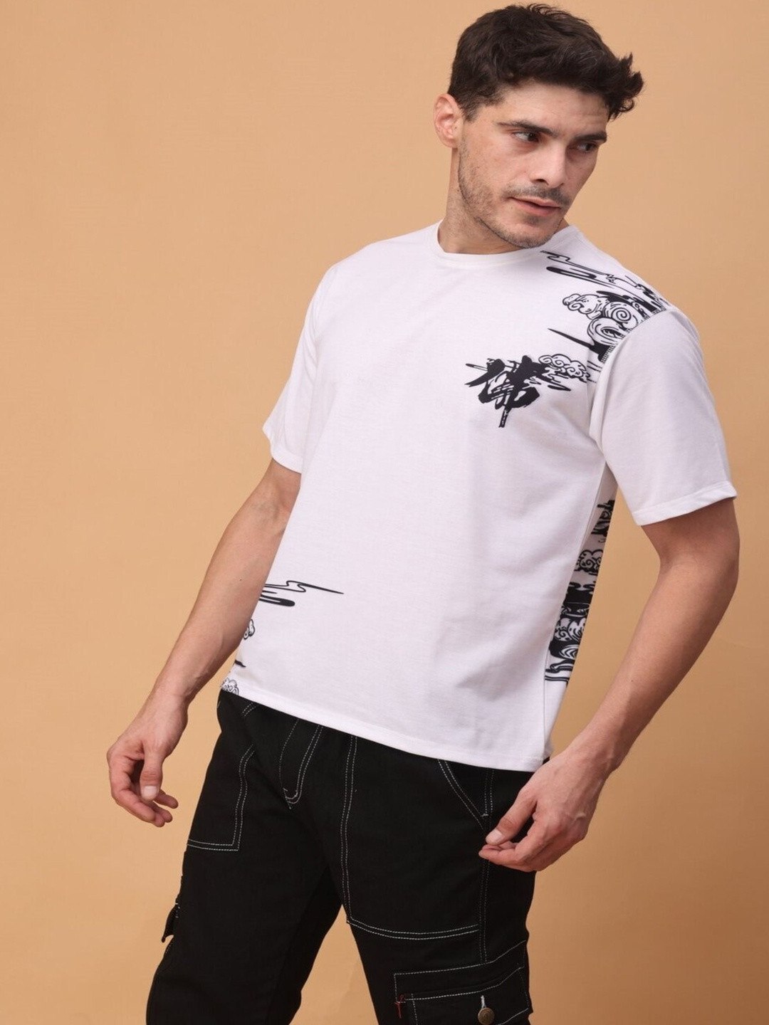 Black and White Graphic Printed Round Neck T-shirt