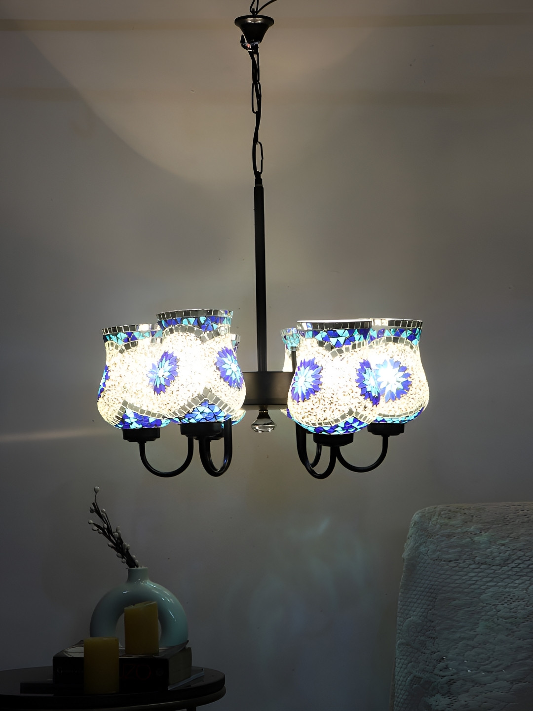 Aura White & Blue Textured Abstract Shaped 6 Light Ceiling Lamp